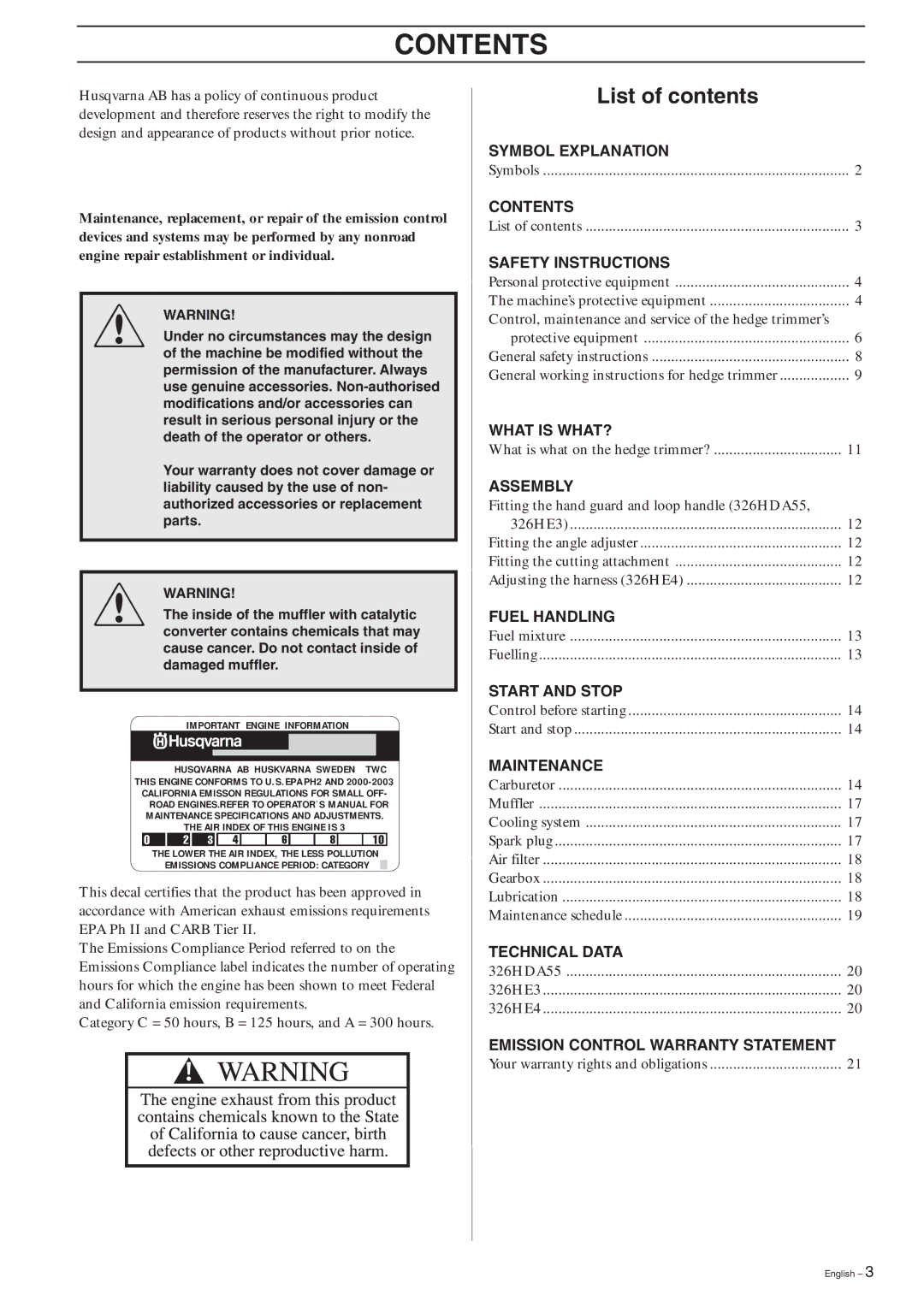 Husqvarna 326HDA55X-Series, 326HE3X-Series, 326HE4X-Series manual Contents 