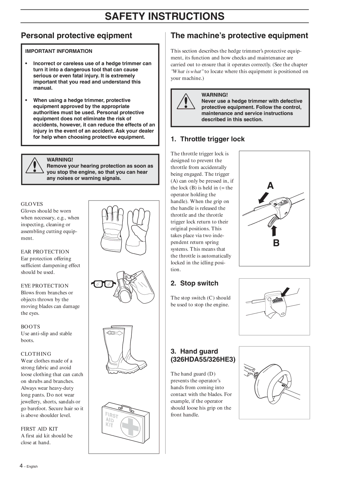 Husqvarna 326HDA55X-Series, 326HE3X-Series, 326HE4X-Series manual Safety Instructions, Personal protective eqipment 
