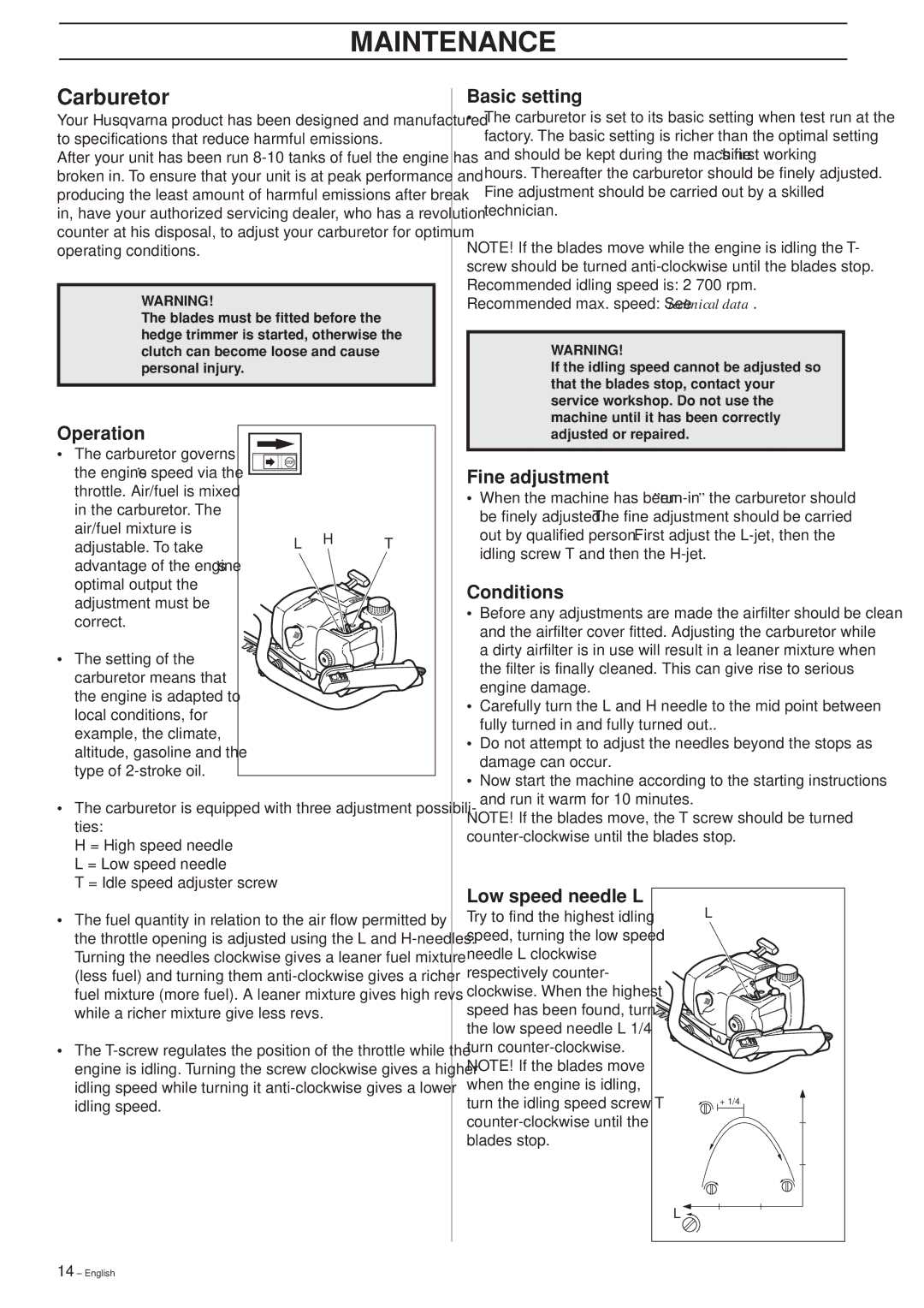 Husqvarna 326HS75, 326HS99 manual Maintenance, Carburetor 