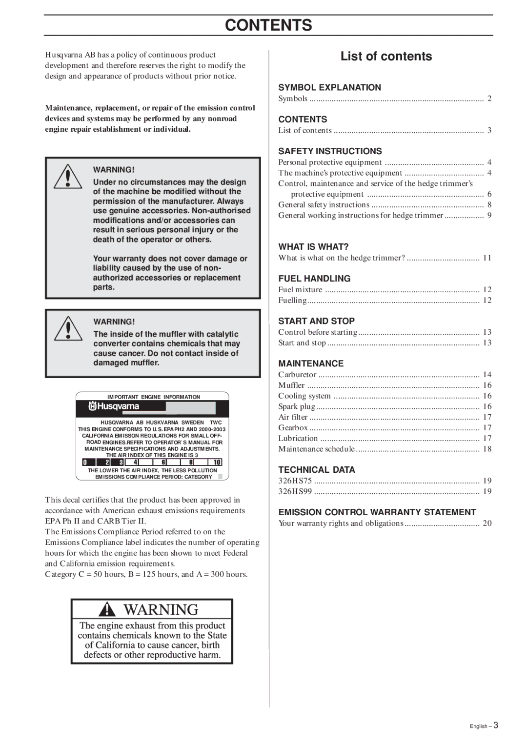 Husqvarna 326HS99, 326HS75 manual Contents 