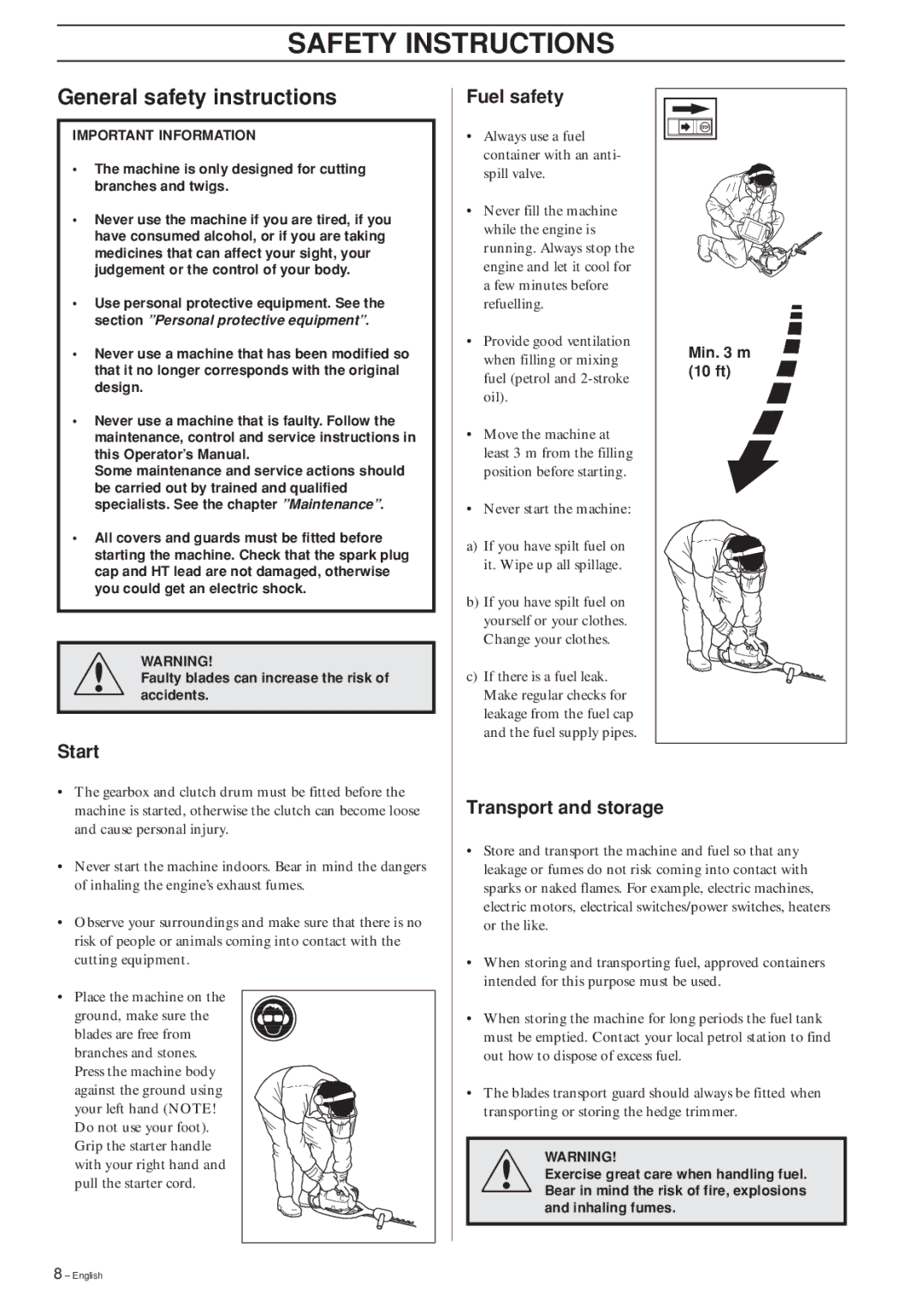 Husqvarna 326HS75, 326HS99 manual General safety instructions, Start Fuel safety, Transport and storage 