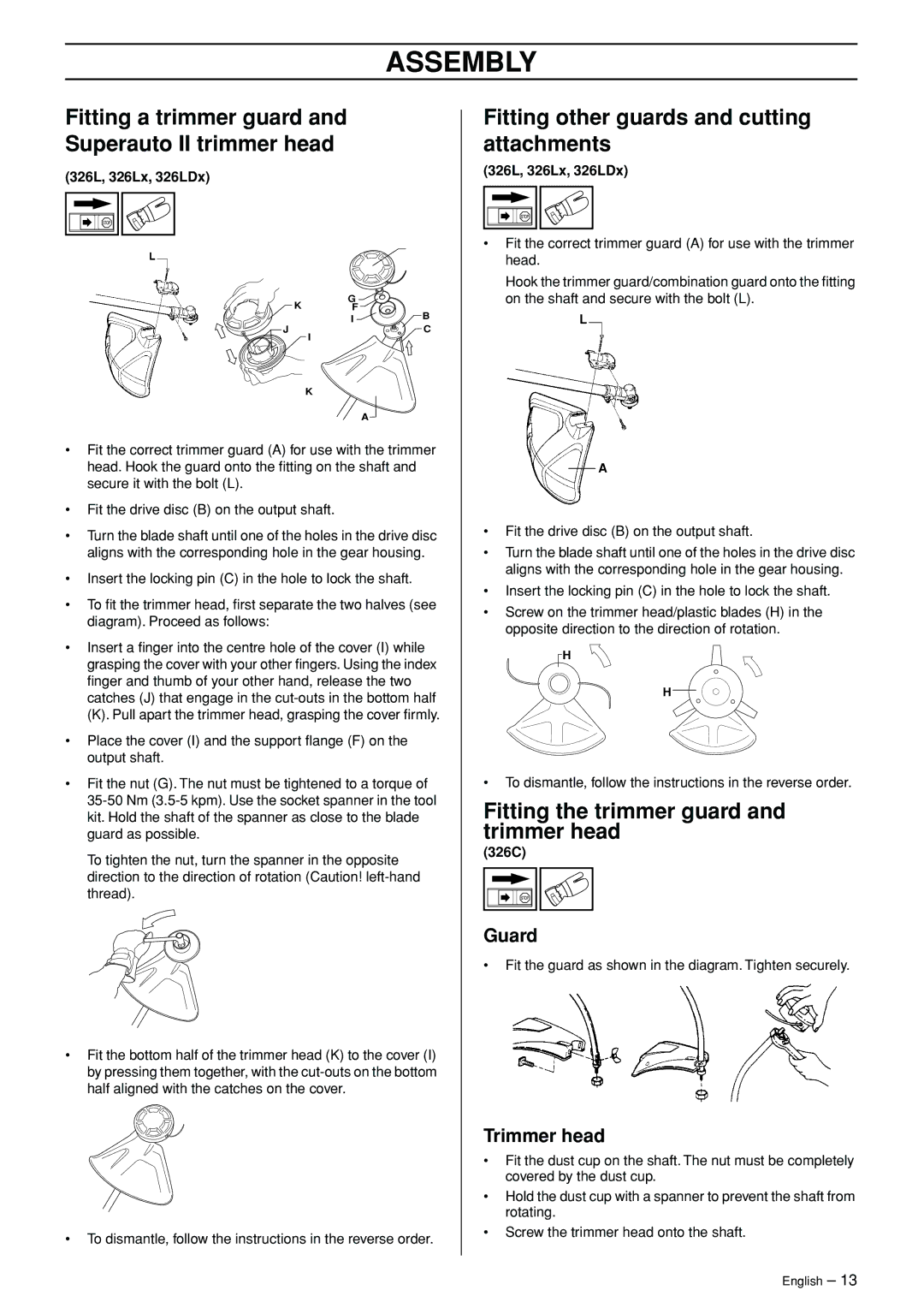 Husqvarna 326L manual Fitting other guards and cutting attachments, Fitting the trimmer guard and trimmer head, Guard 