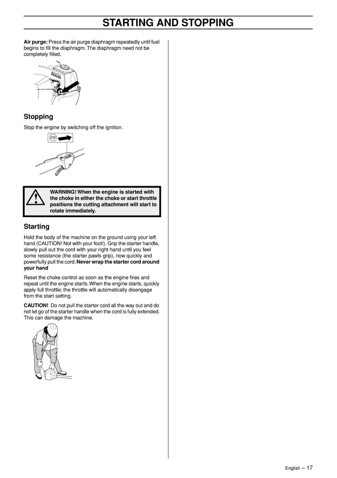 Husqvarna 326L manual Stopping, Starting 