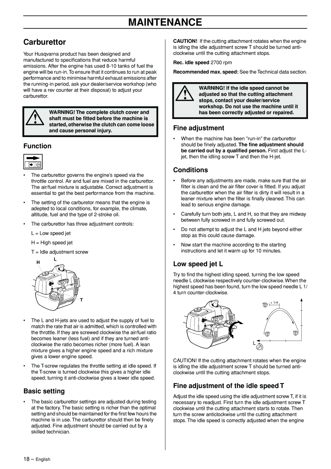 Husqvarna 326L manual Maintenance, Carburettor 