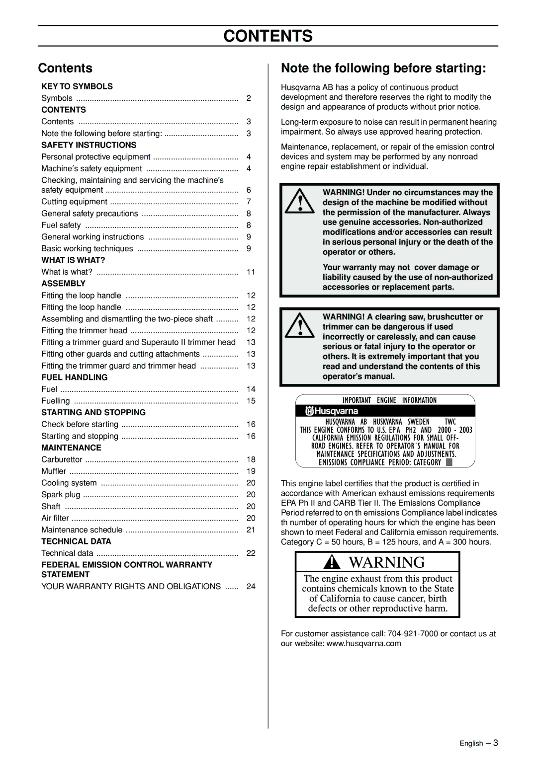 Husqvarna 326L manual Contents 