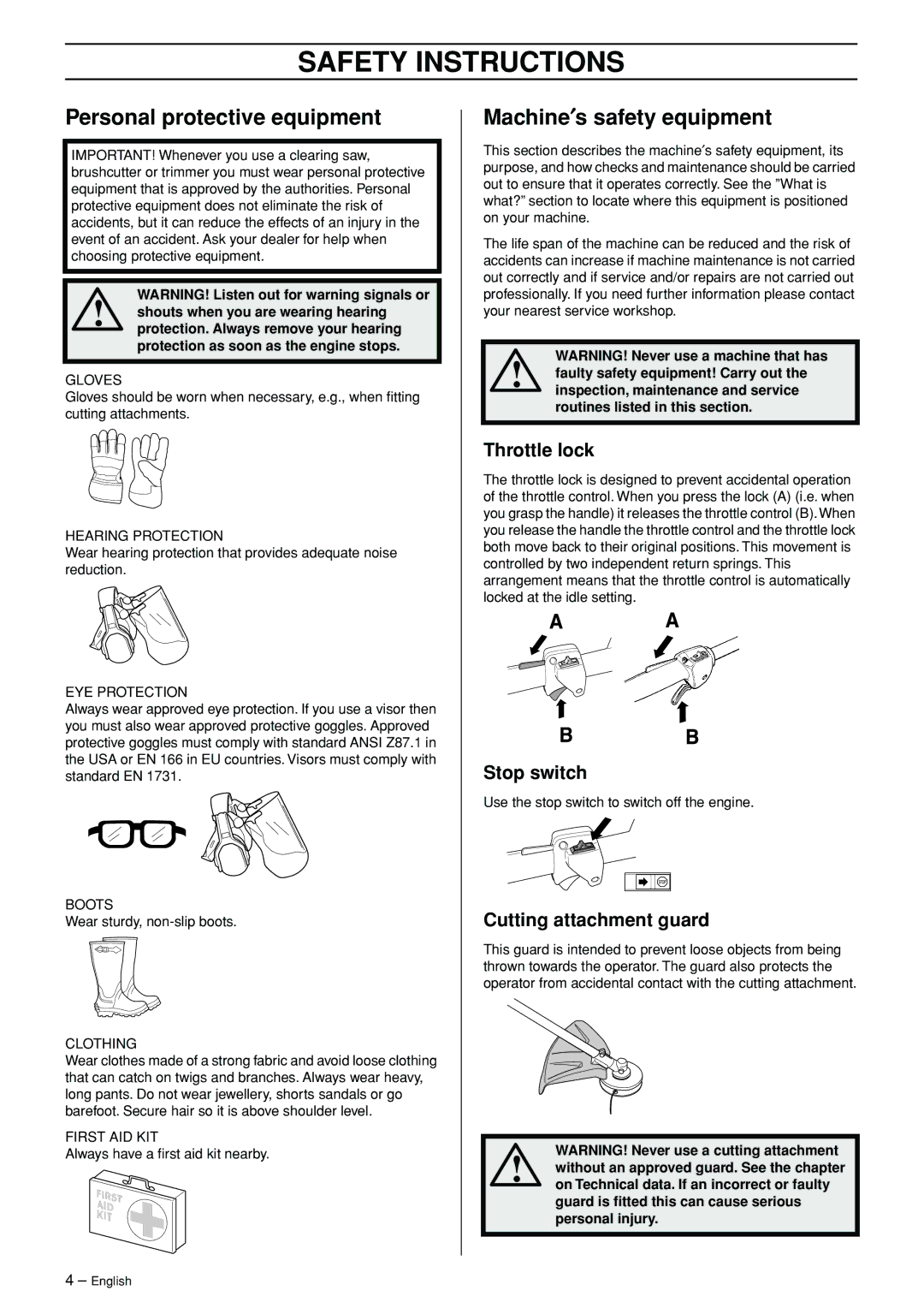 Husqvarna 326L manual Safety Instructions, Personal protective equipment, Machine′s safety equipment 