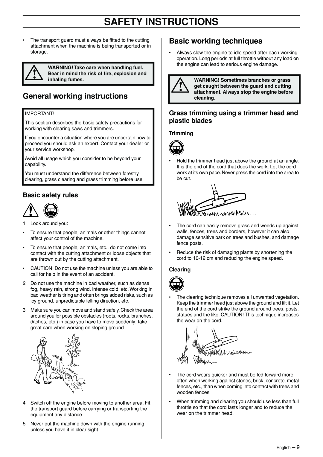 Husqvarna 326L manual General working instructions, Basic working techniques, Safety Instructions, Trimming, Clearing 