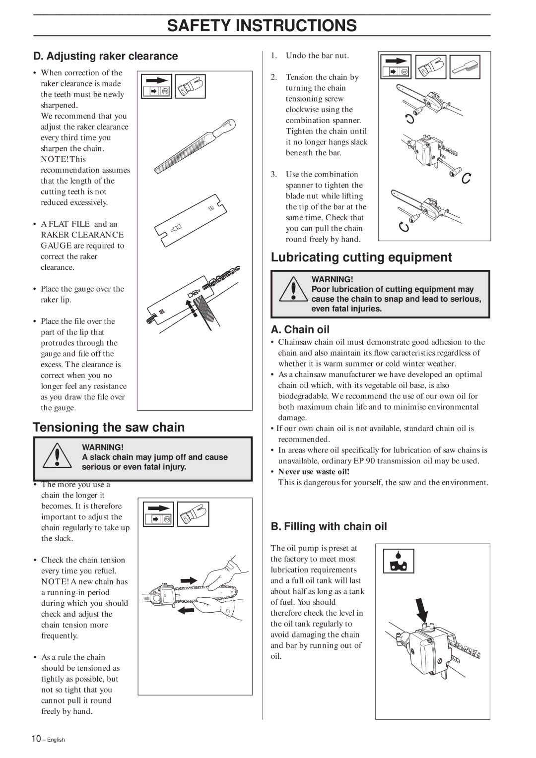 Husqvarna 326P4, 326P5 manual Tensioning the saw chain, Lubricating cutting equipment, Adjusting raker clearance, Chain oil 