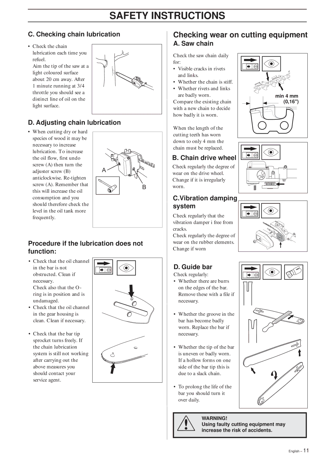 Husqvarna 326P4, 326P5 manual Checking wear on cutting equipment, Checking chain lubrication, Adjusting chain lubrication 