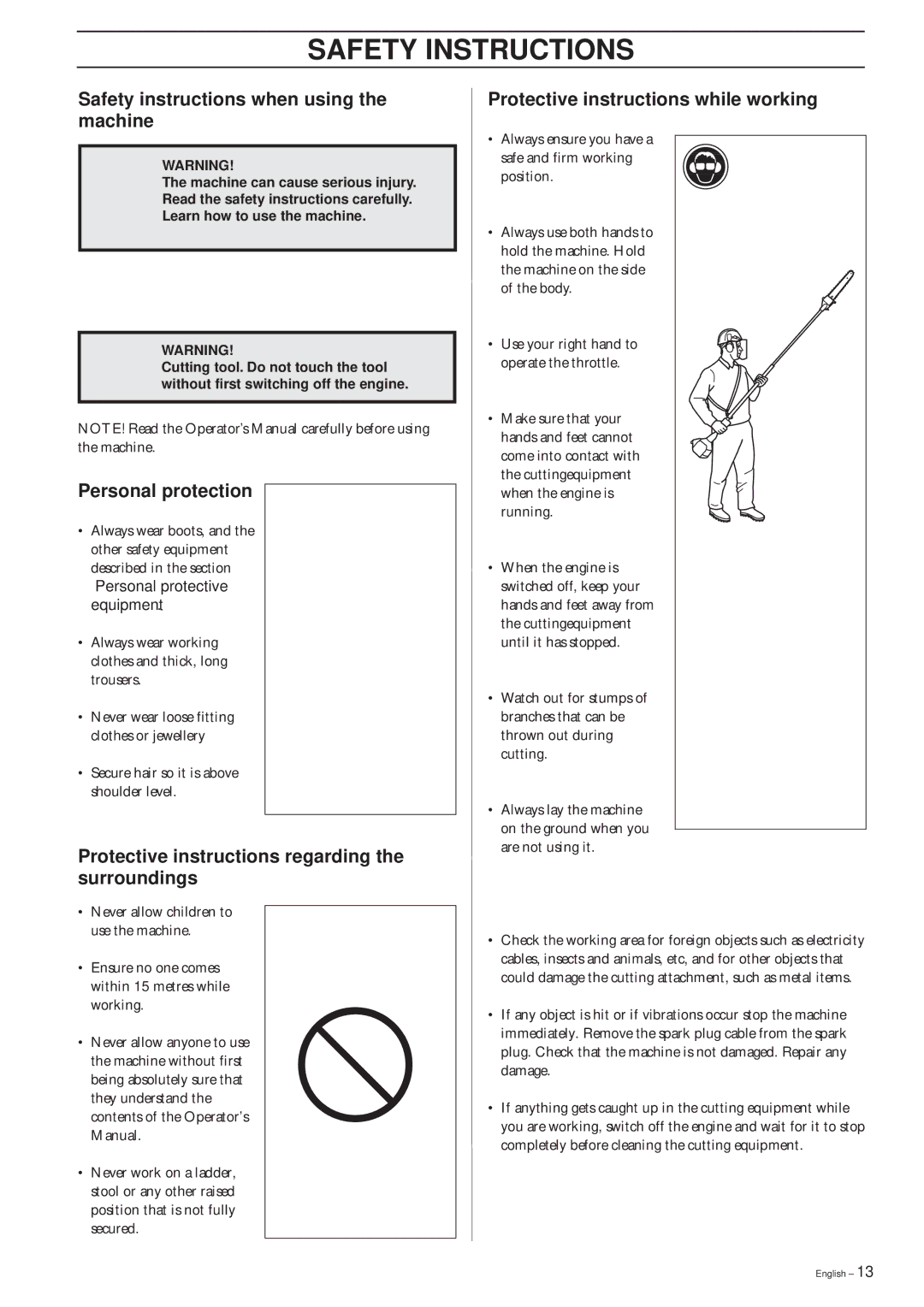 Husqvarna 326P4, 326P5 manual Safety instructions when using the machine, Personal protection 