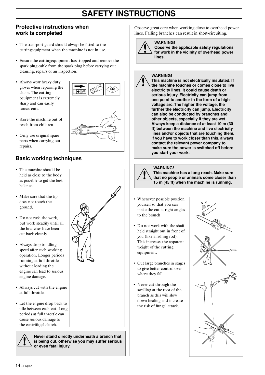 Husqvarna 326P4, 326P5 manual Protective instructions when work is completed, Basic working techniques 