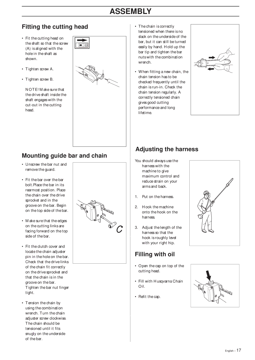 Husqvarna 326P4, 326P5 manual Assembly, Fitting the cutting head, Adjusting the harness Mounting guide bar and chain 