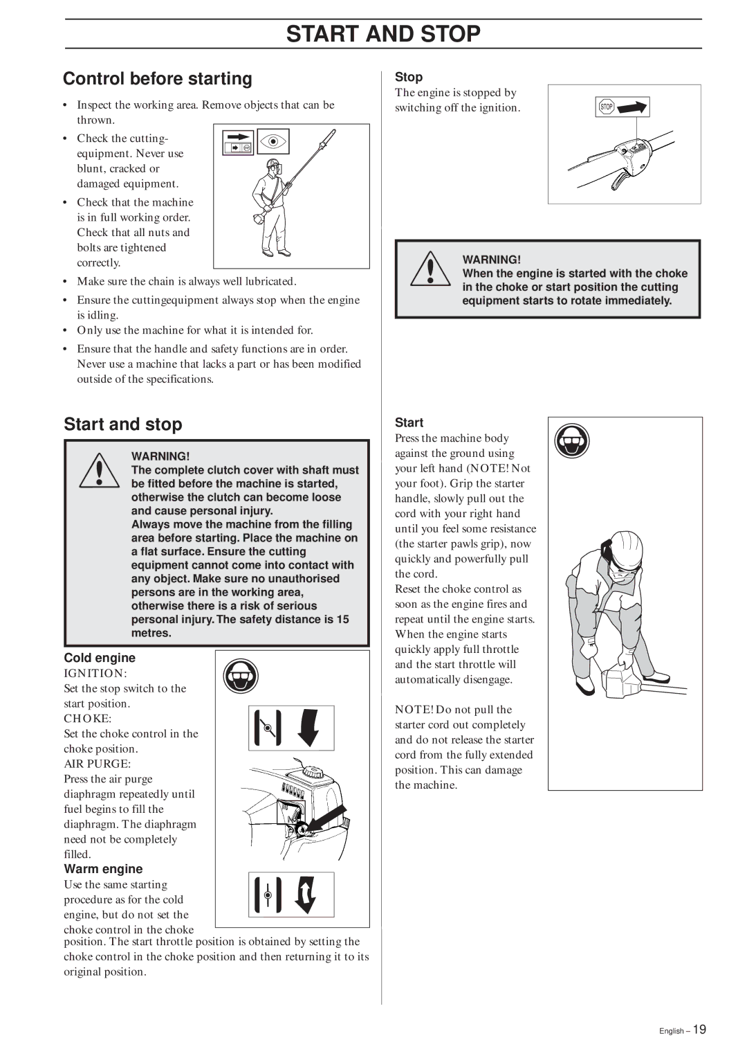 Husqvarna 326P4, 326P5 manual Start and Stop, Control before starting, Start and stop 