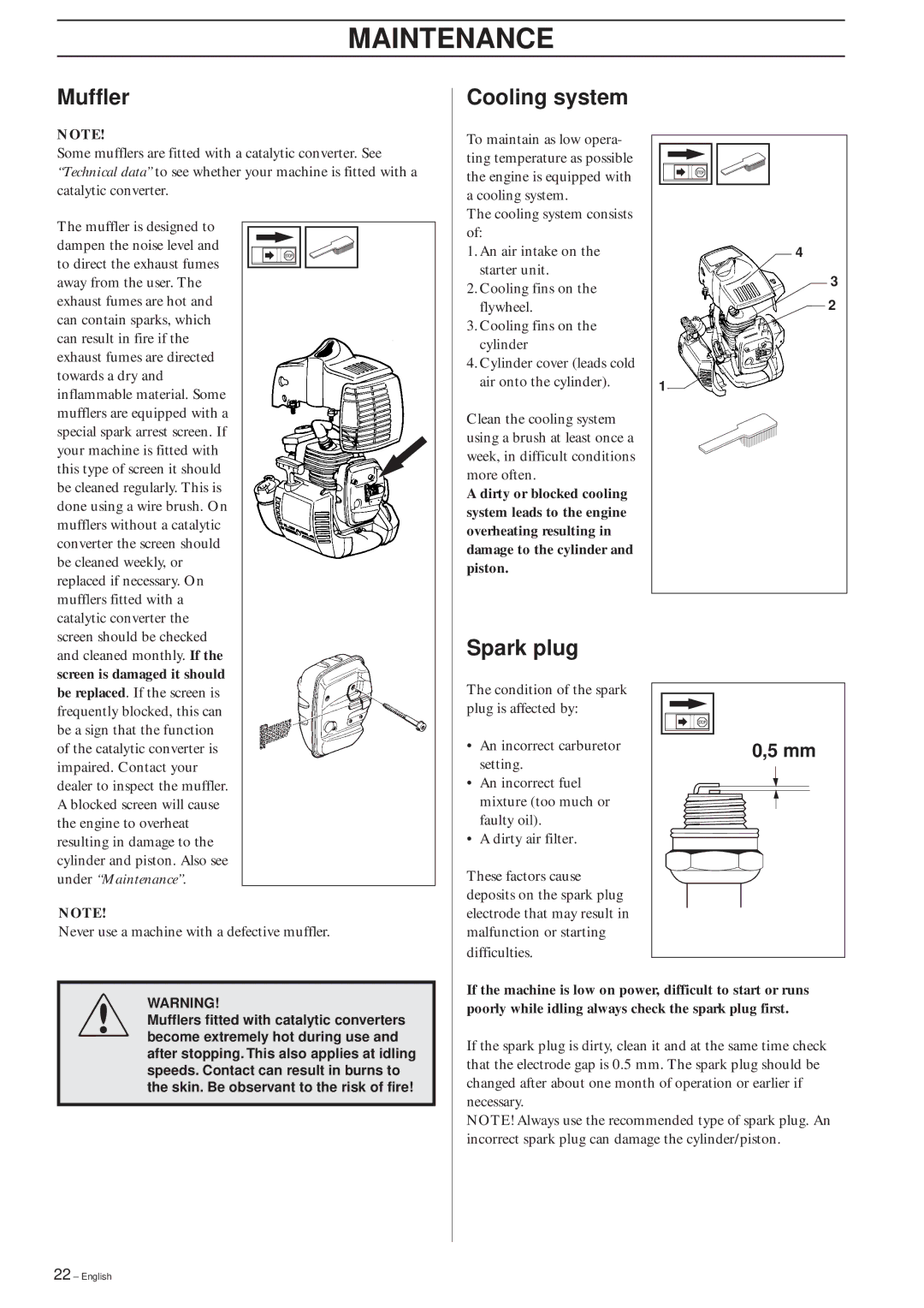 Husqvarna 326P4, 326P5 manual Muffler, Cooling system, Spark plug 