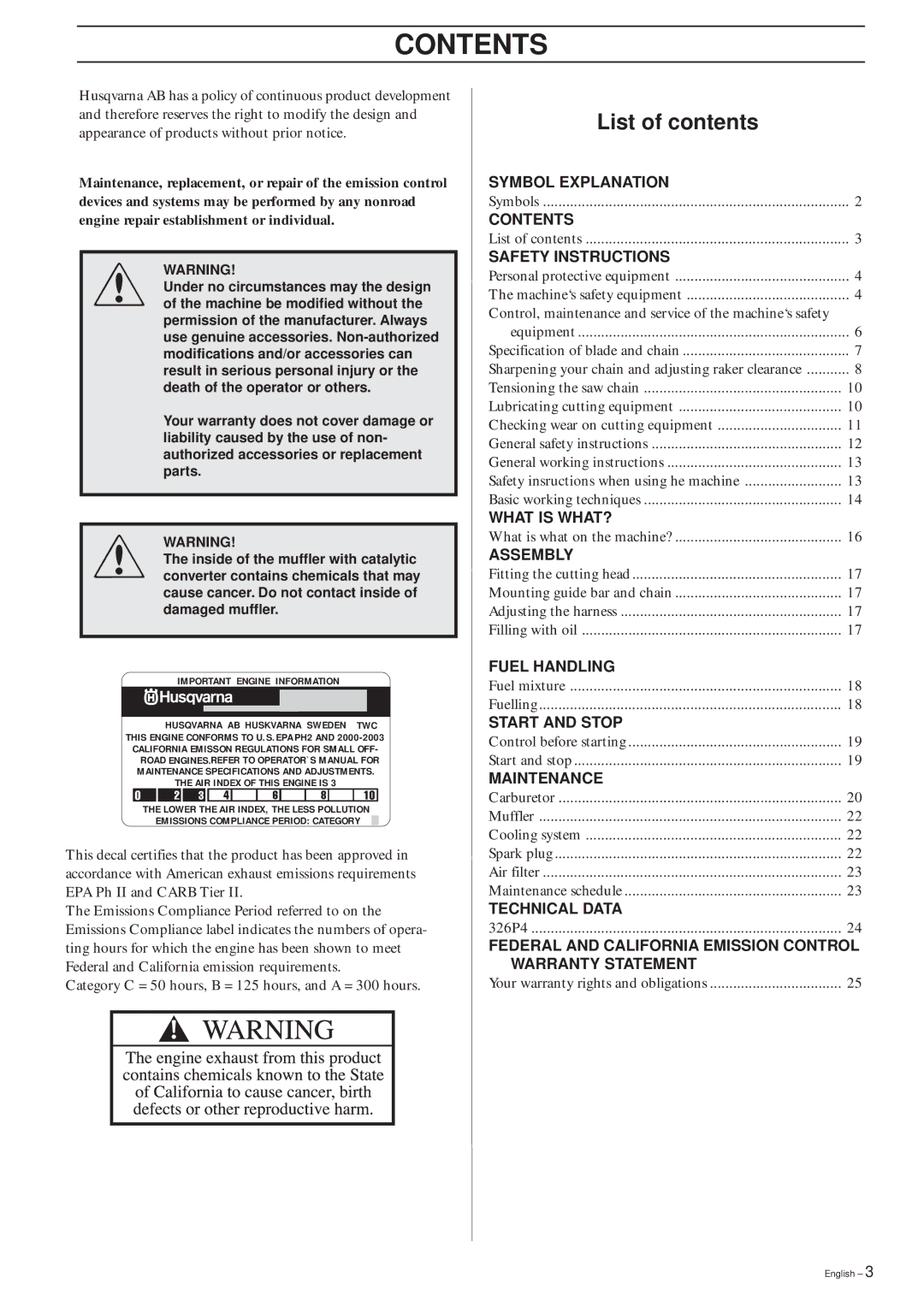 Husqvarna 326P4, 326P5 manual Contents 