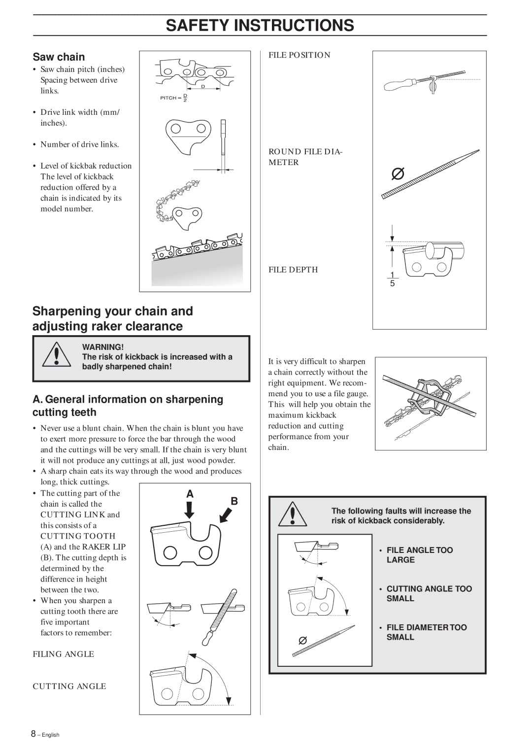 Husqvarna 326P4, 326P5 manual Saw chain, General information on sharpening cutting teeth 