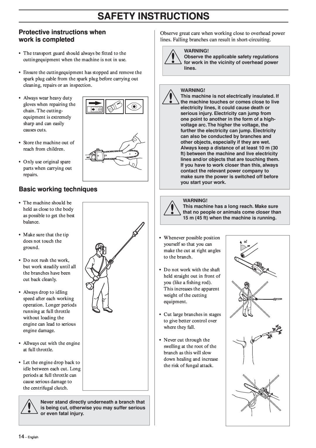 Husqvarna 326P4, 326P5 manual Protective instructions when work is completed, Basic working techniques, Safety Instructions 