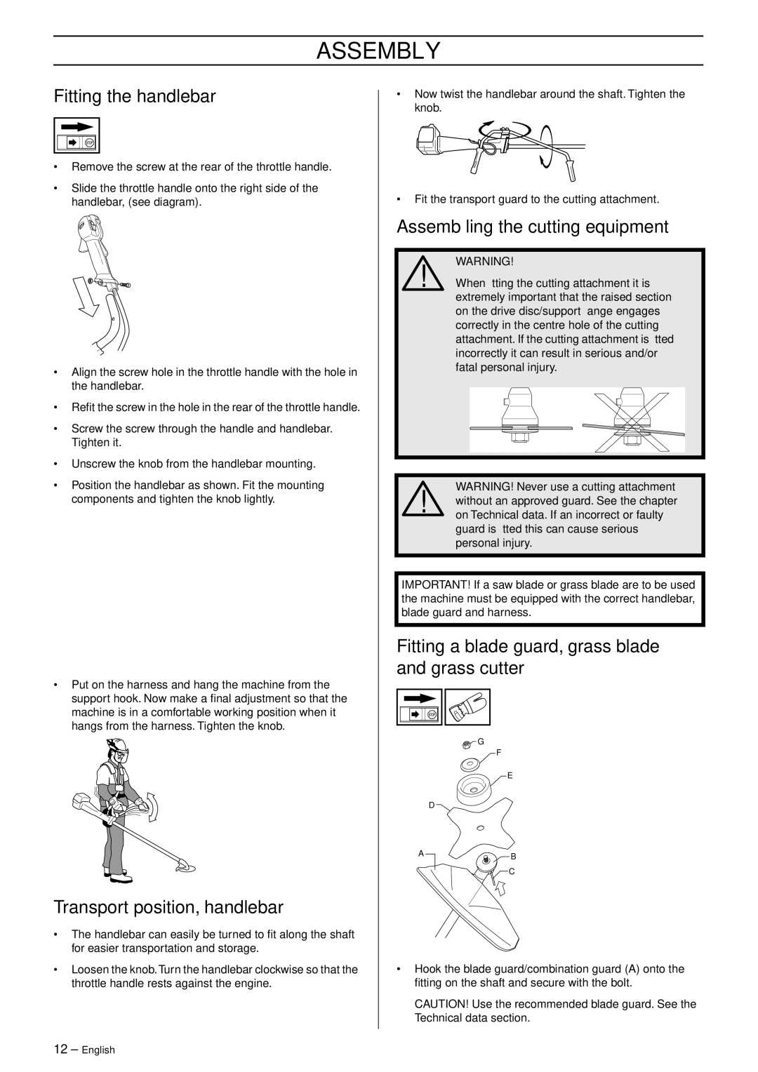 Husqvarna 326R manual Assembly, Fitting the handlebar, Transport position, handlebar, Assembling the cutting equipment 