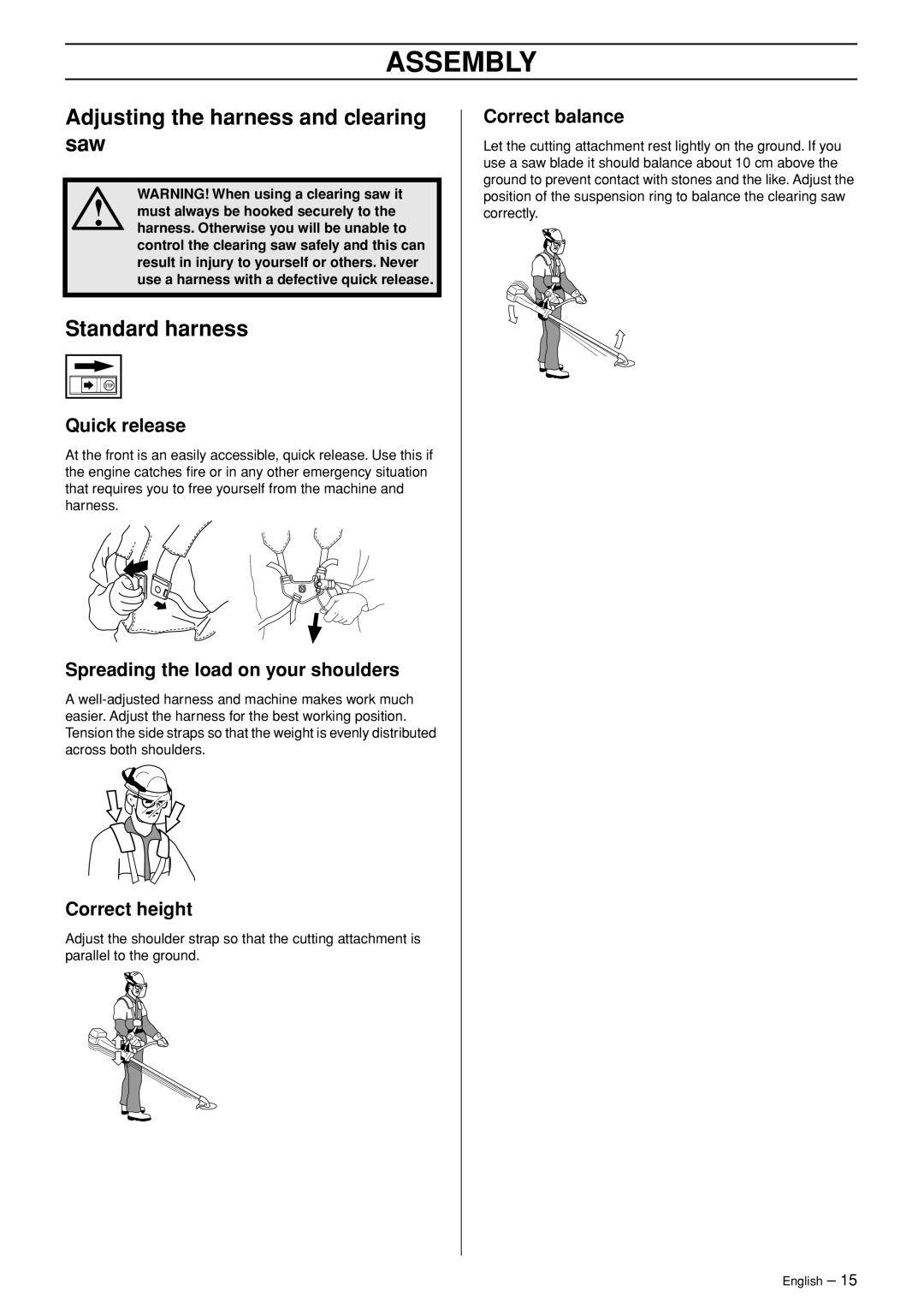 Husqvarna 326R manual Adjusting the harness and clearing saw, Standard harness, Spreading the load on your shoulders 