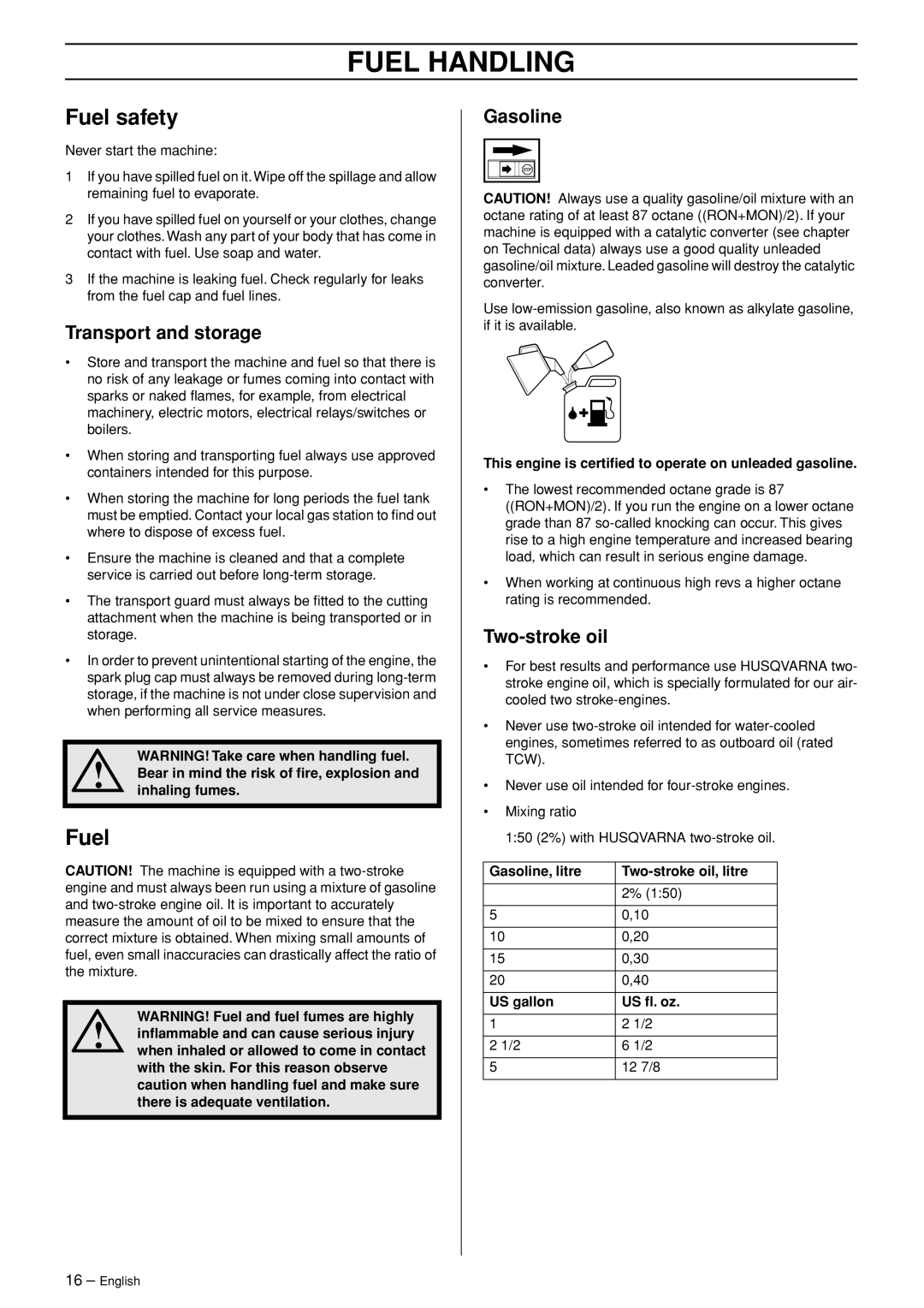 Husqvarna 326R manual Fuel Handling, Fuel safety 