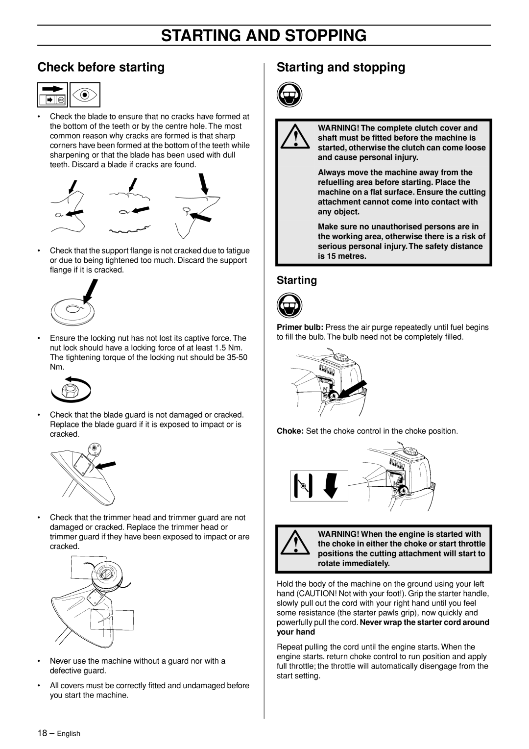 Husqvarna 326R manual Starting and Stopping, Check before starting, Starting and stopping 