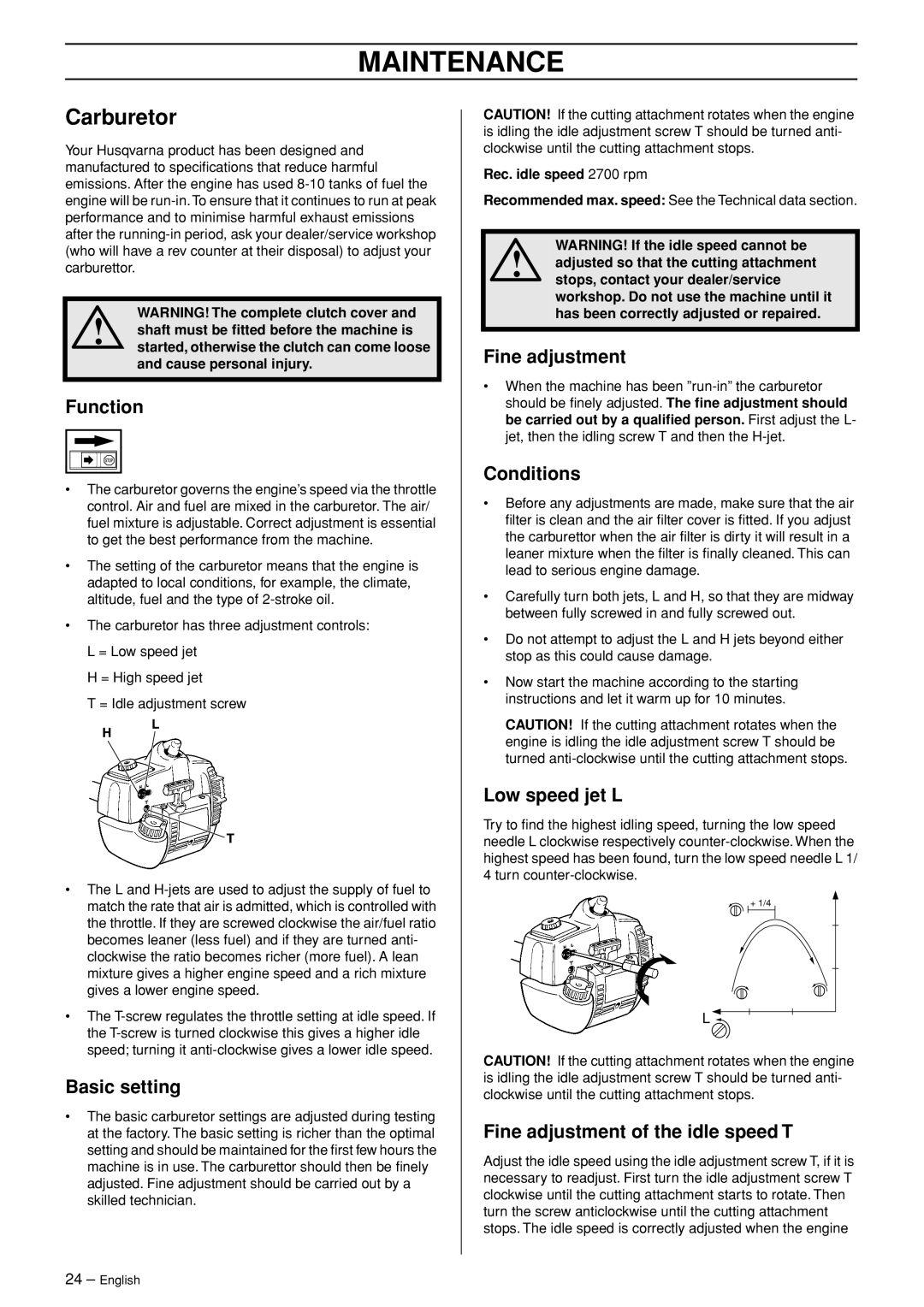 Husqvarna 326R manual Maintenance, Carburetor 