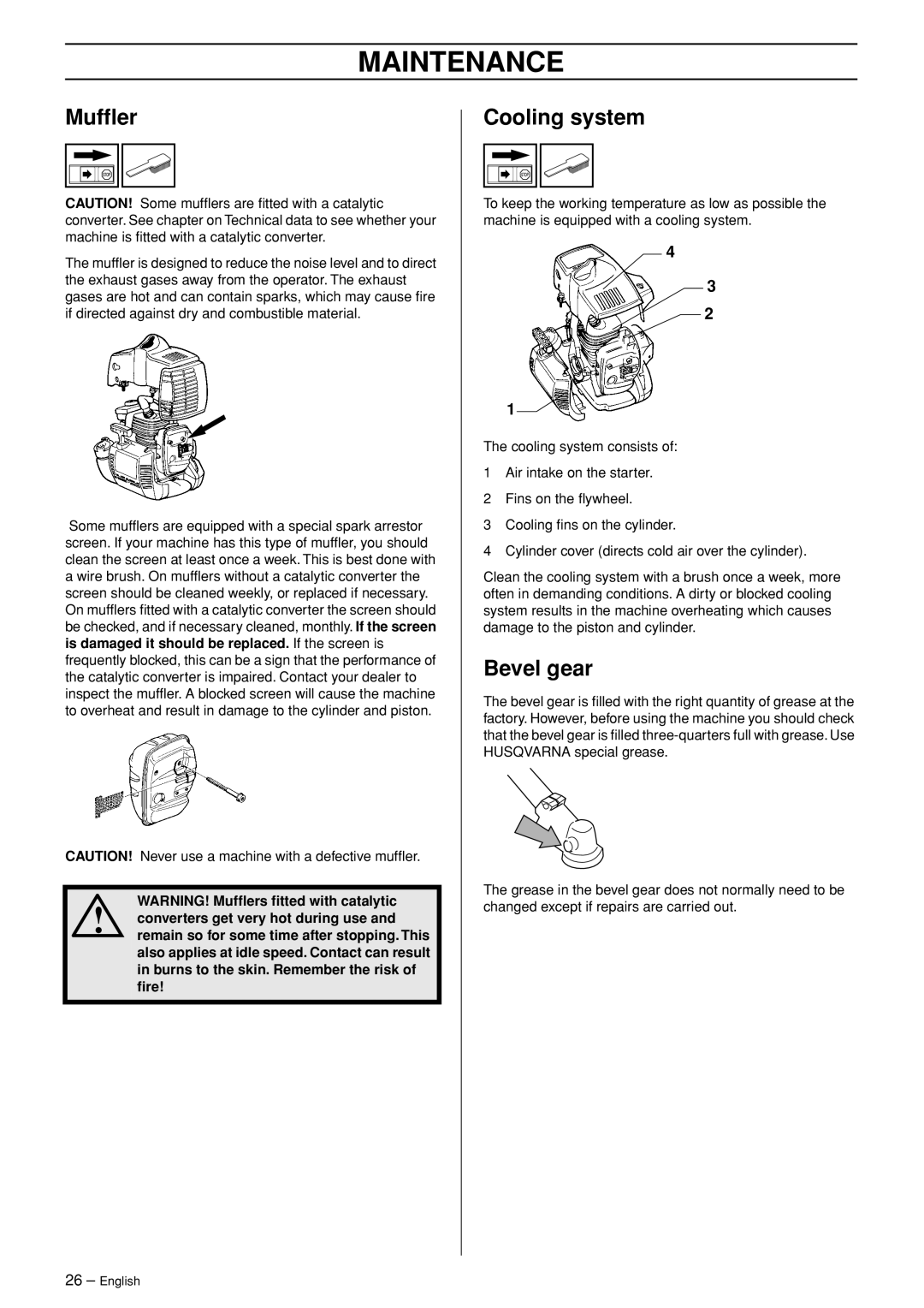 Husqvarna 326R manual Mufﬂer, Cooling system, Bevel gear 