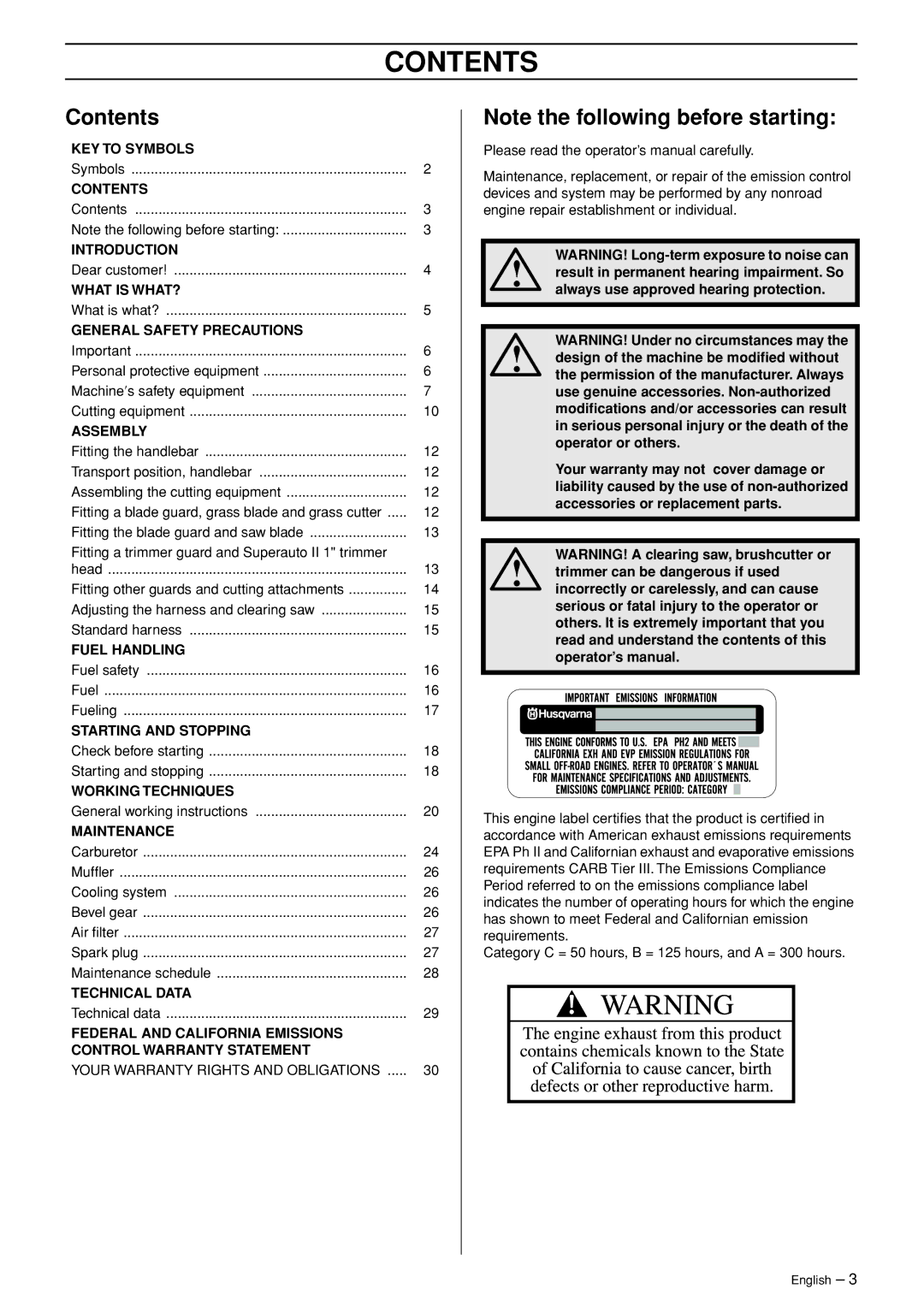 Husqvarna 326R manual Contents 