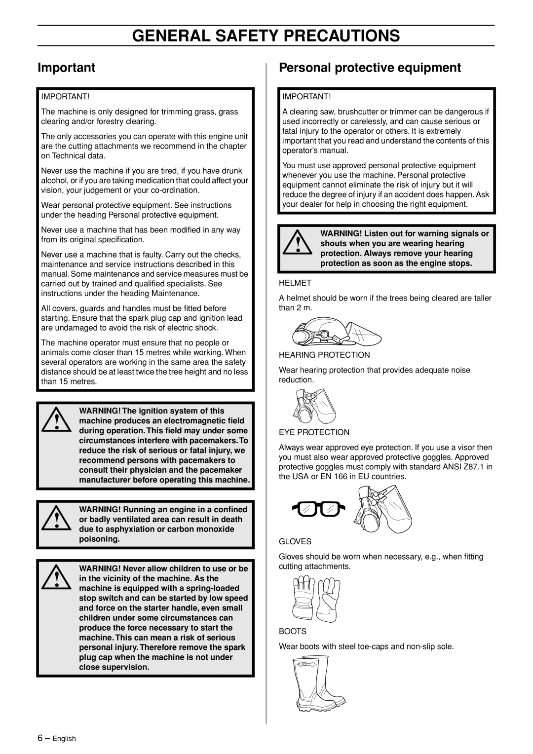 Husqvarna 326R manual General Safety Precautions, Personal protective equipment 