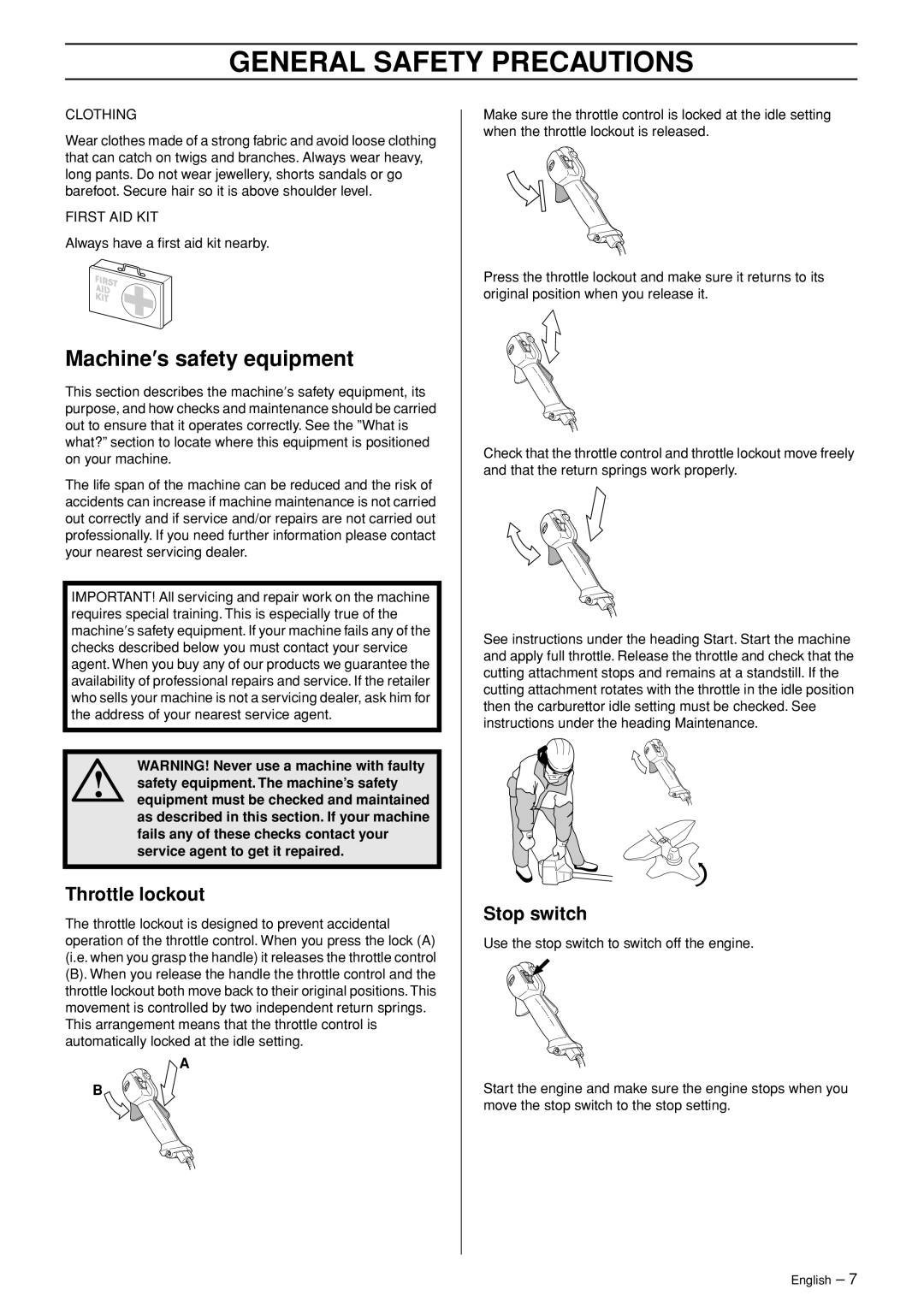 Husqvarna 326R manual Machine′s safety equipment, Throttle lockout, Stop switch 