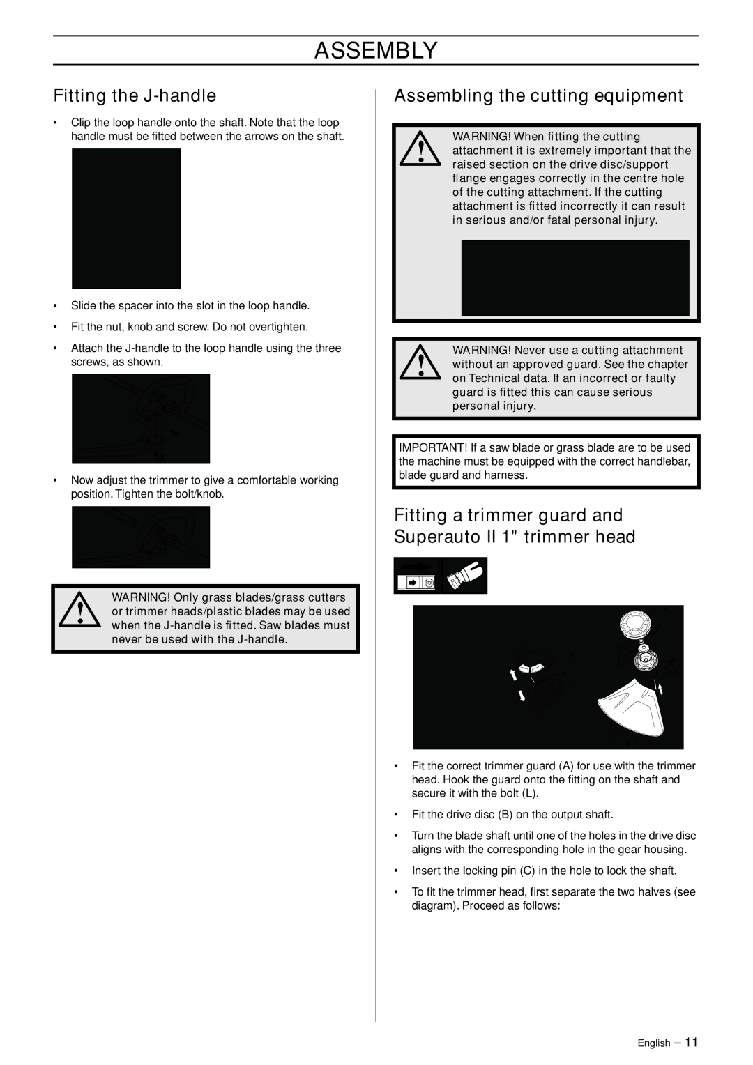 Husqvarna 326RJ manual Assembly, Fitting the J-handle, Assembling the cutting equipment 