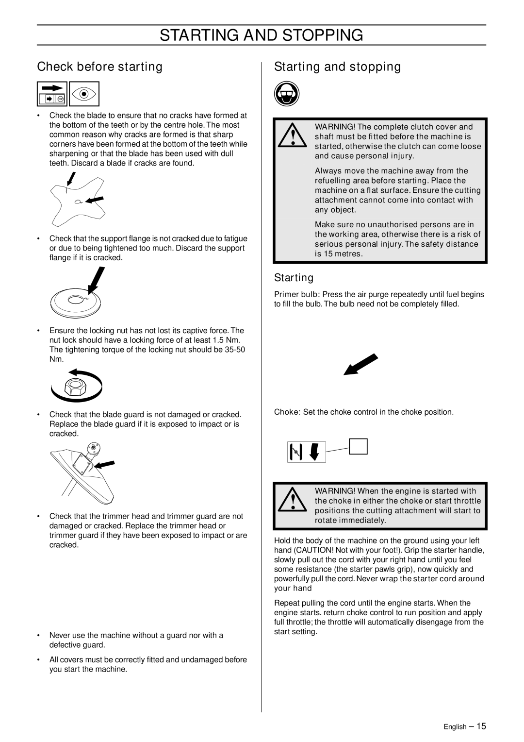 Husqvarna 326RJ manual Starting and Stopping, Check before starting, Starting and stopping 