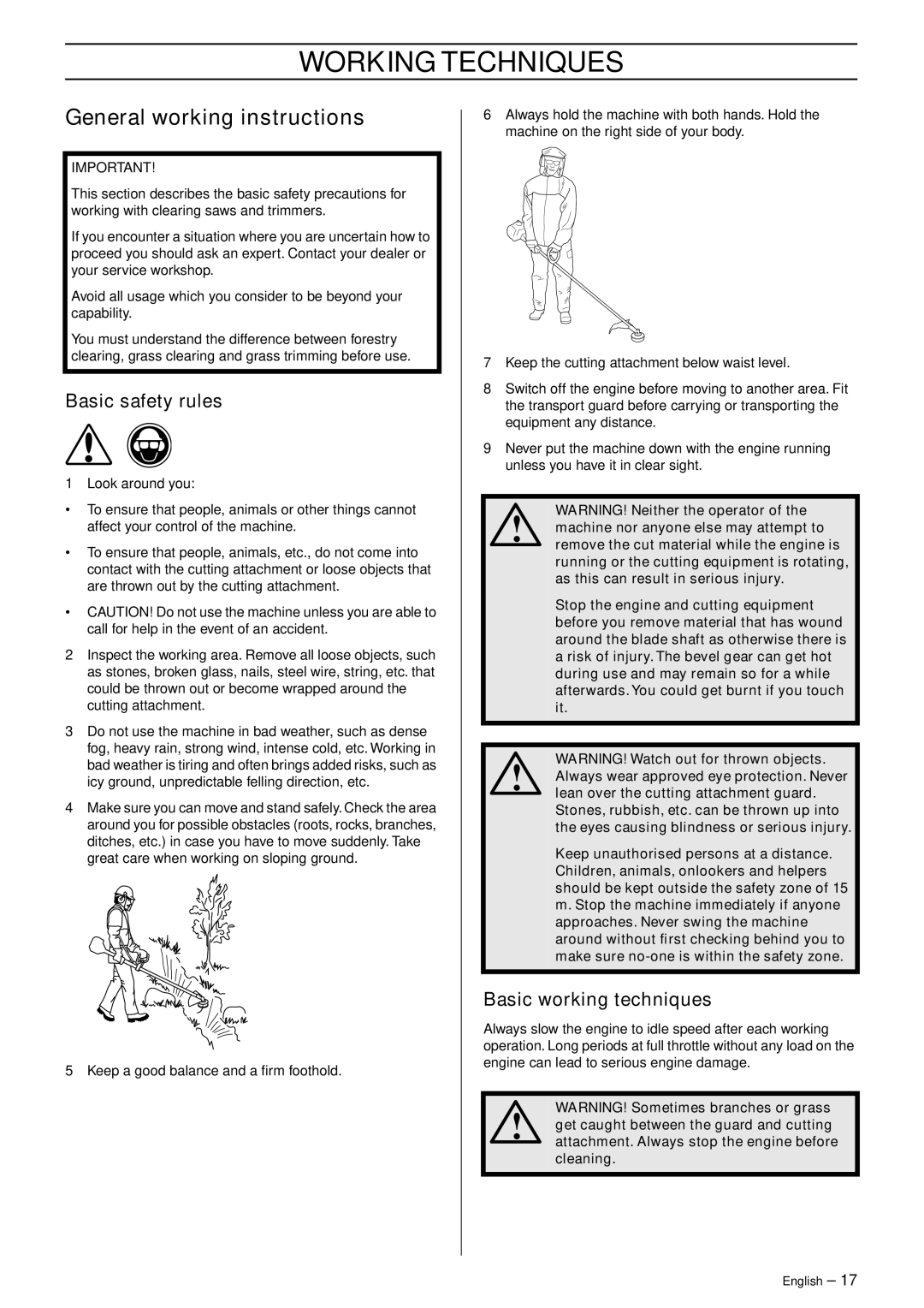 Husqvarna 326RJ manual Working Techniques, General working instructions, Basic safety rules, Basic working techniques 