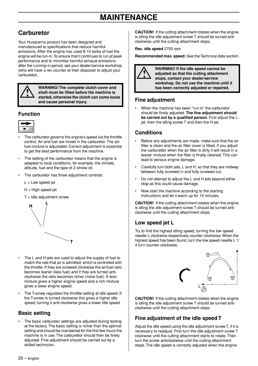 Husqvarna 326RJ manual Maintenance, Carburetor 