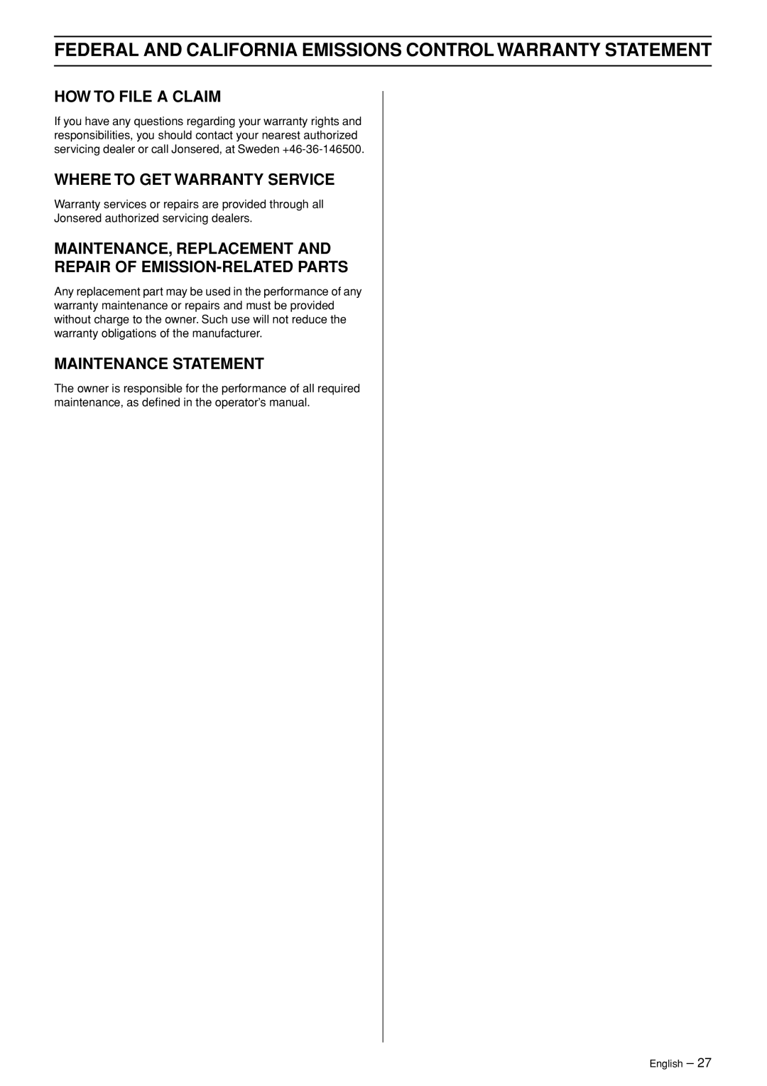 Husqvarna 326RJ manual Federal and California Emissions Control Warranty Statement 