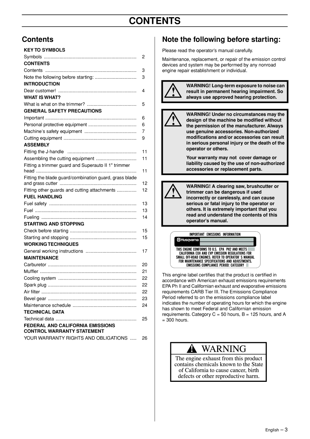 Husqvarna 326RJ manual Contents 