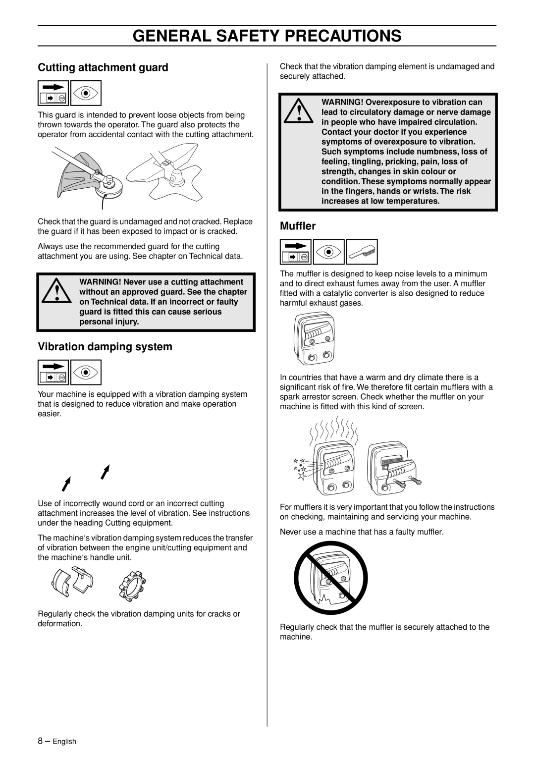 Husqvarna 326RJ manual Cutting attachment guard, Vibration damping system, Mufﬂer 