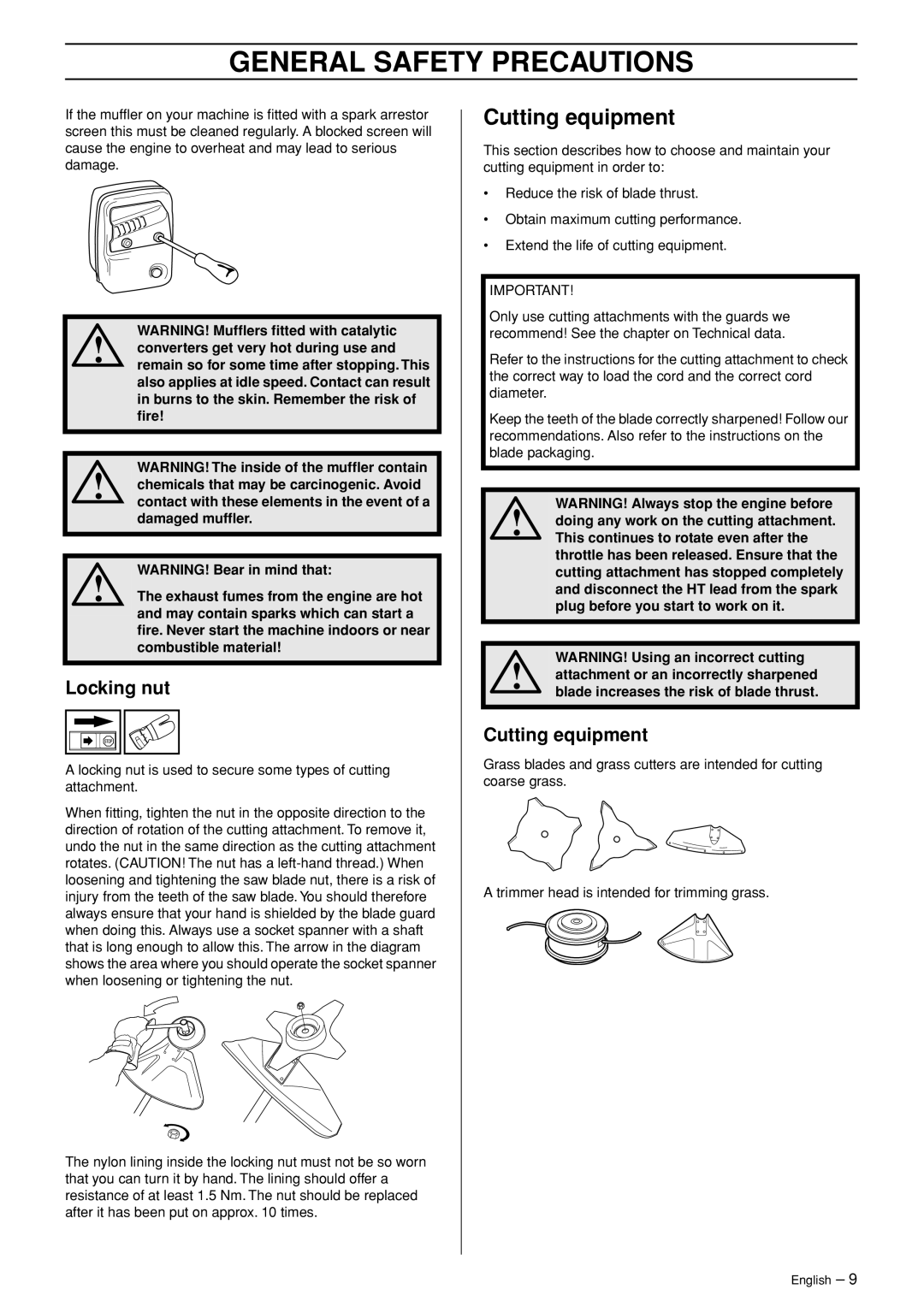 Husqvarna 326RJ manual Cutting equipment, Locking nut 