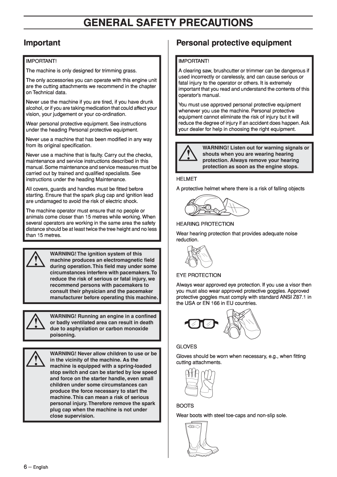 Husqvarna 326RJ manual General Safety Precautions, Personal protective equipment 
