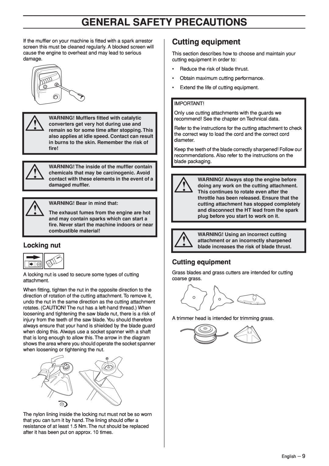 Husqvarna 326RJ manual Cutting equipment, Locking nut, General Safety Precautions 