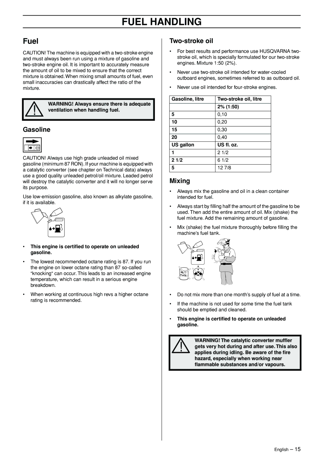 Husqvarna 326RJX-Series manual Fuel Handling, Gasoline, Two-stroke oil, Mixing 