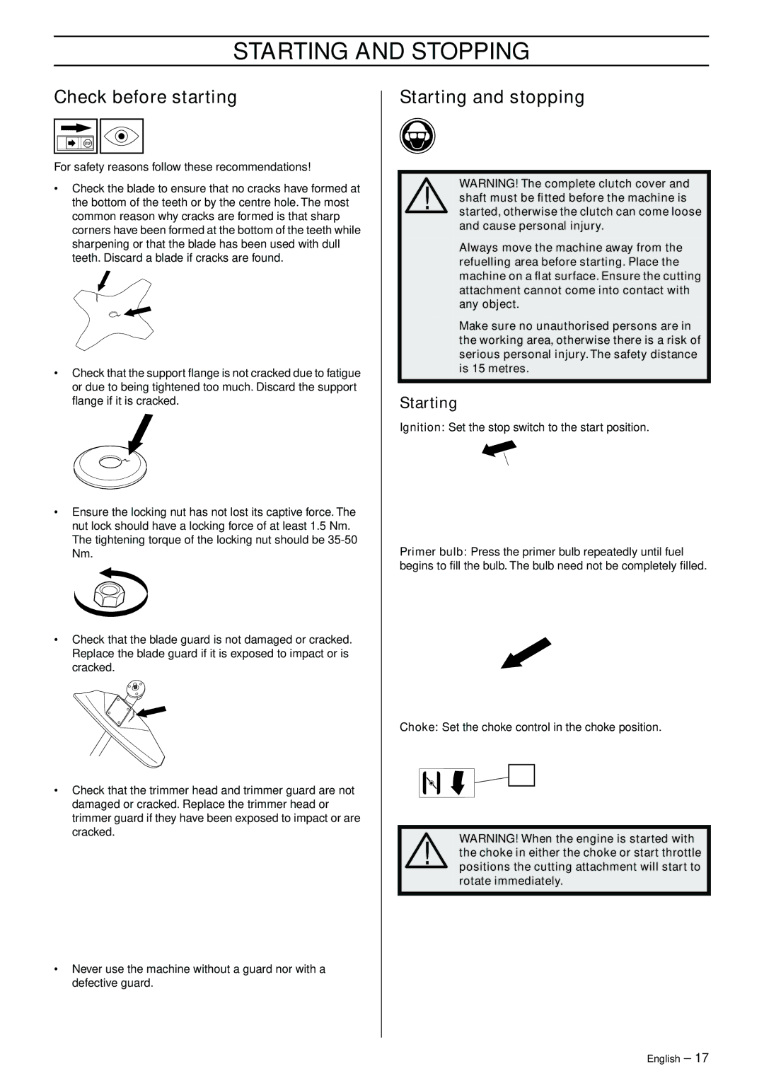 Husqvarna 326RJX-Series manual Starting and Stopping, Check before starting, Starting and stopping 