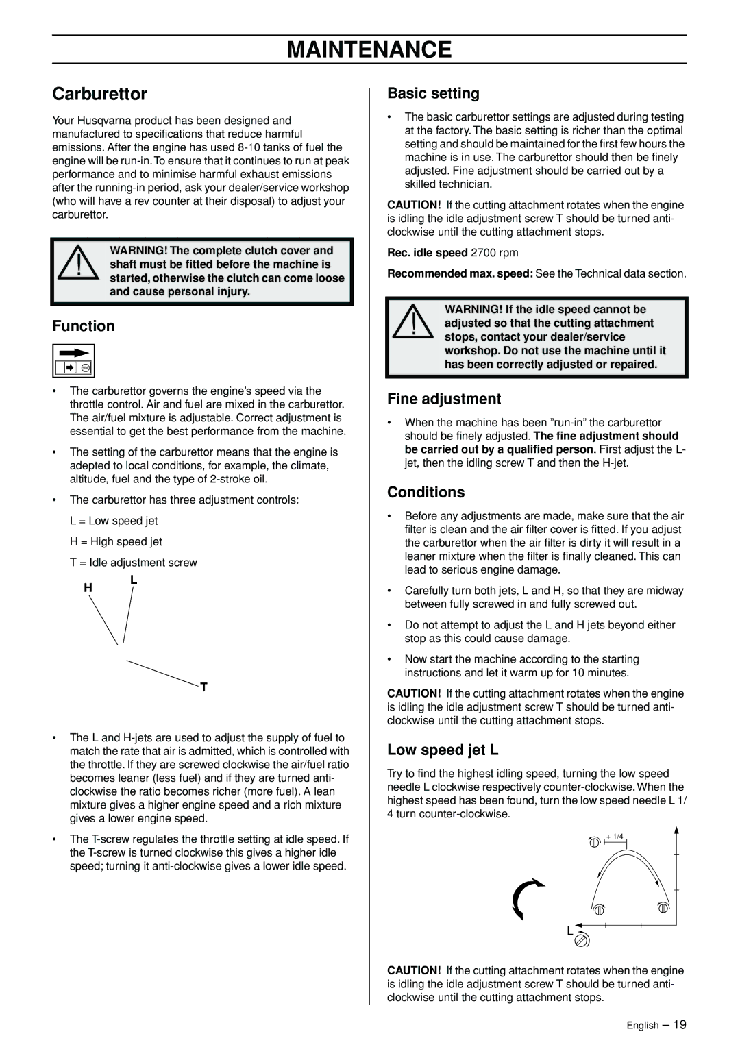 Husqvarna 326RJX-Series manual Maintenance, Carburettor 