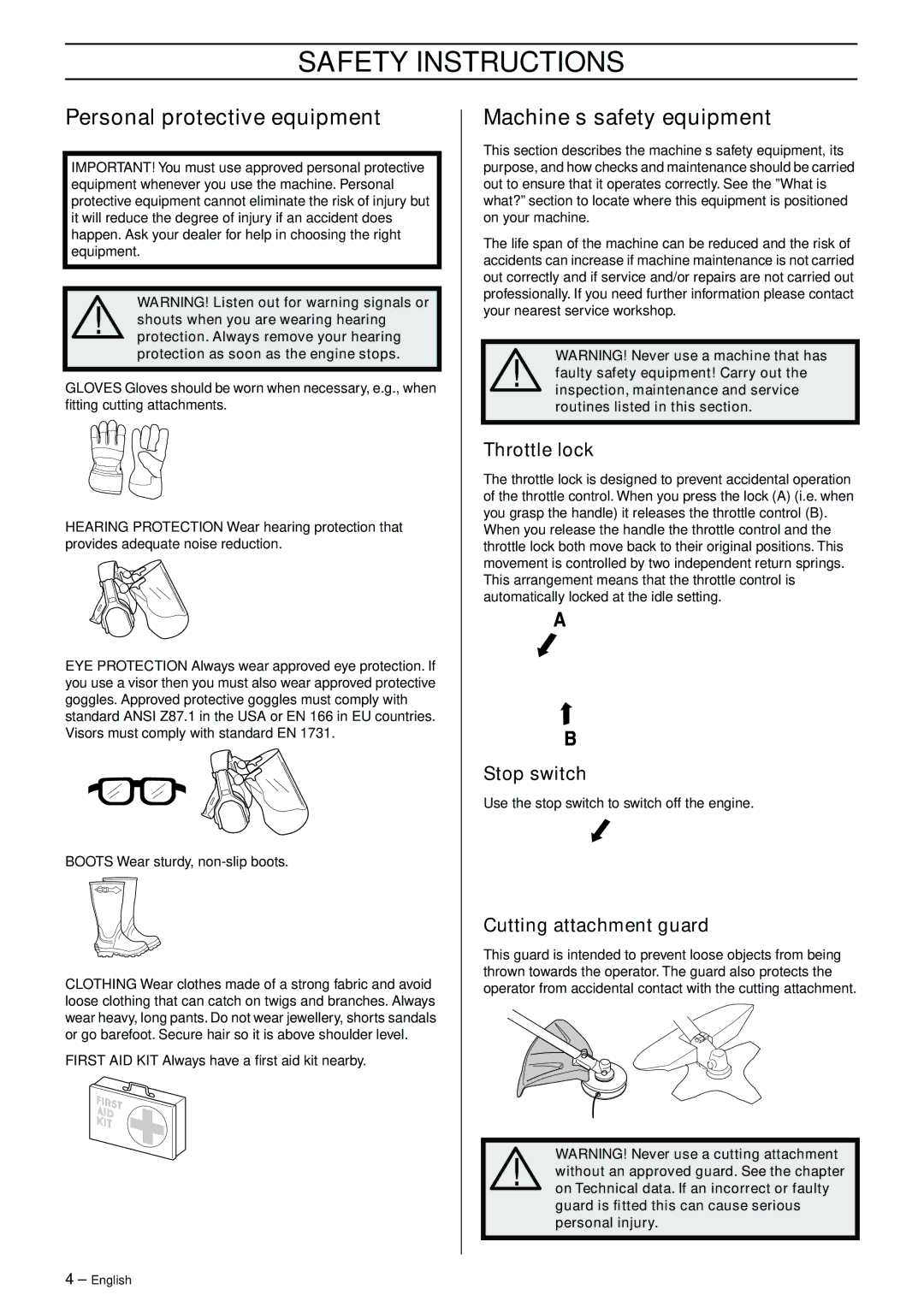 Husqvarna 326RJX-Series manual Safety Instructions, Personal protective equipment, Machine′s safety equipment 