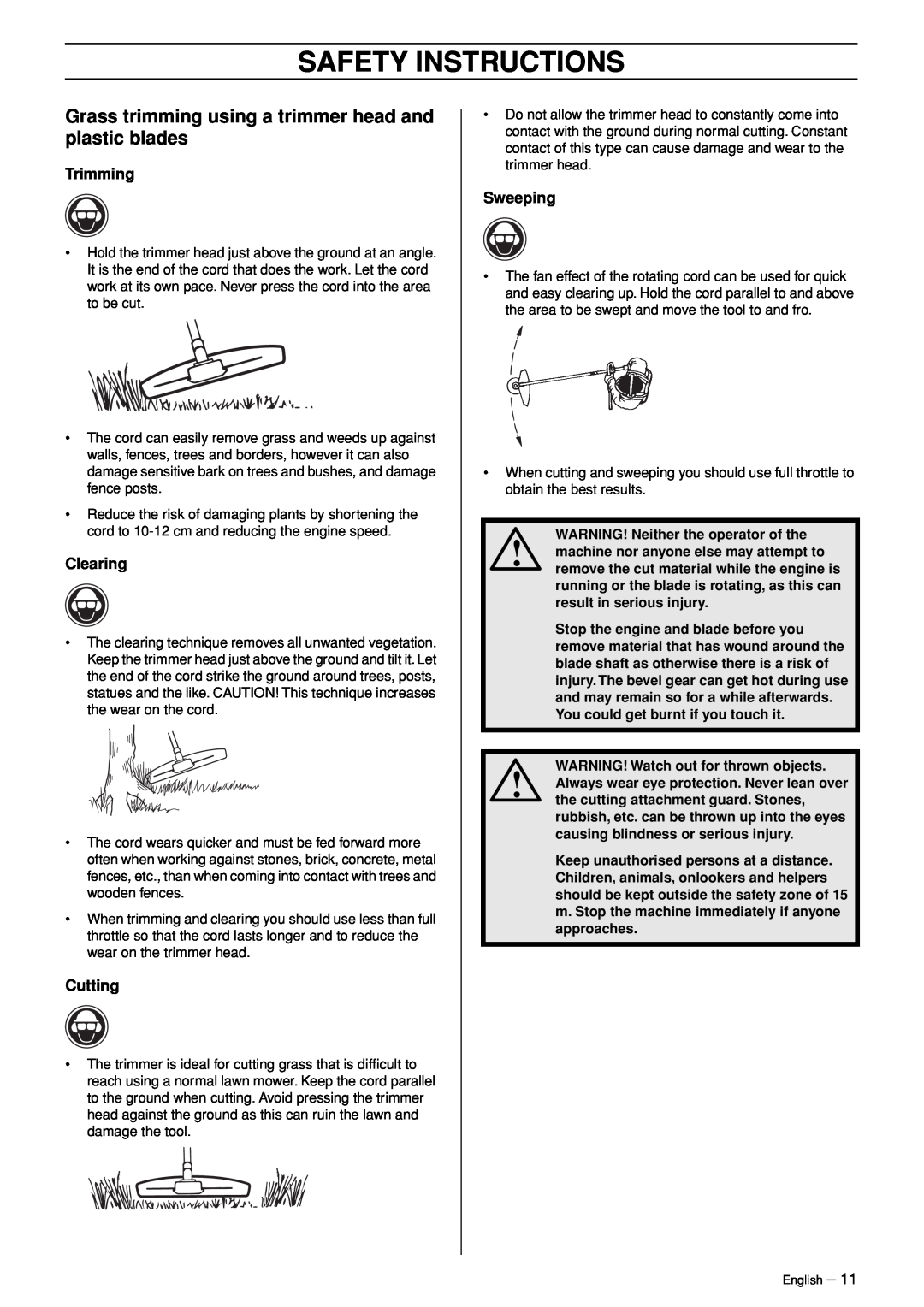 Husqvarna 326RJX-Series manual Safety Instructions, Trimming, Clearing, Cutting, Sweeping 