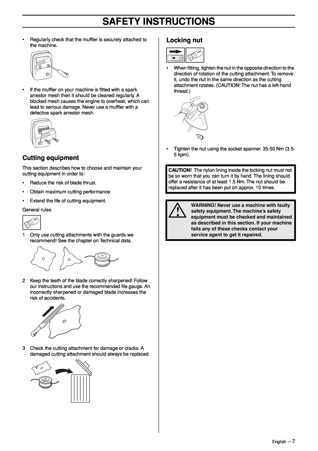 Husqvarna 326RJX-Series manual Safety Instructions, WARNING! Never use a machine with faulty 