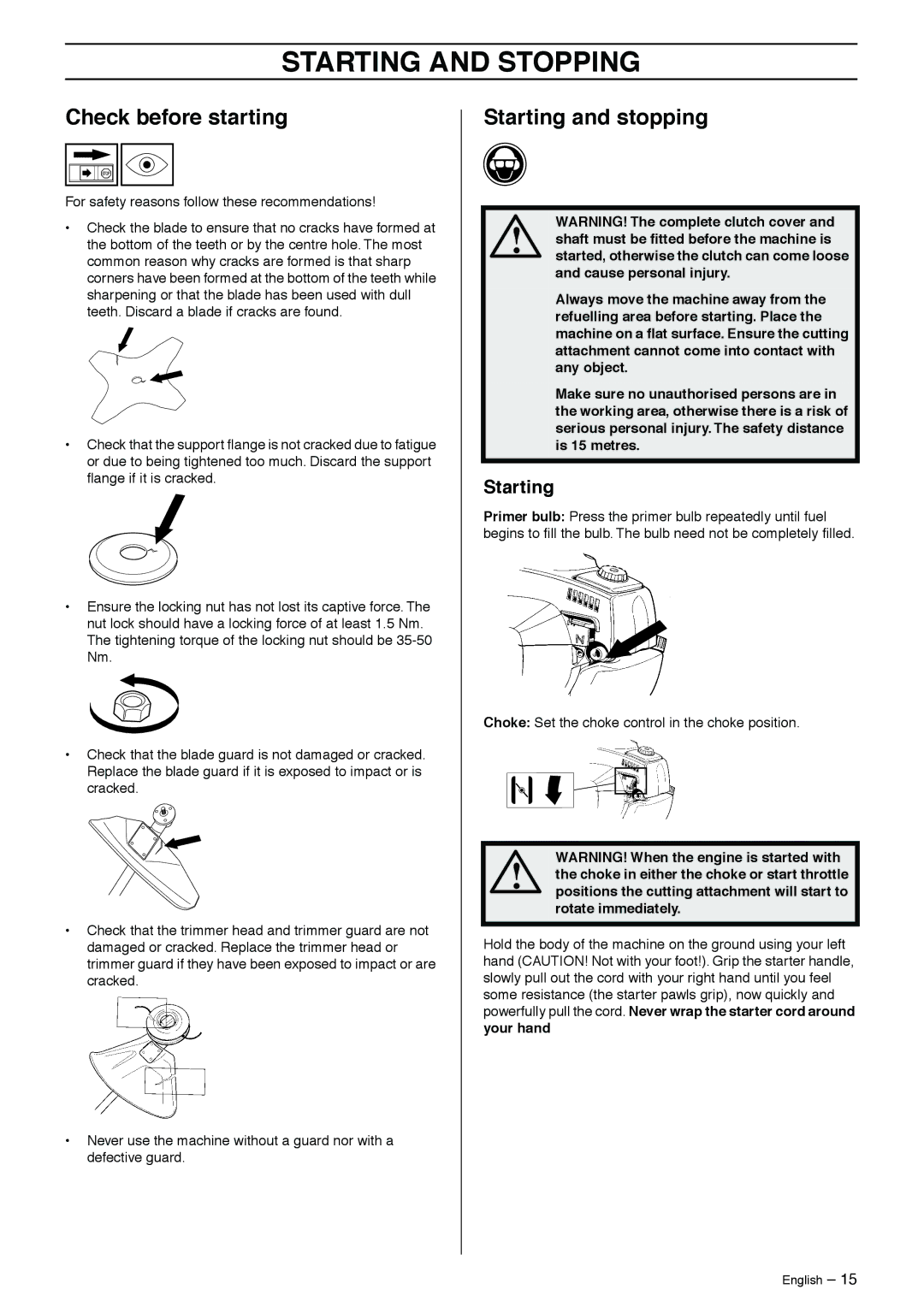 Husqvarna 326RJX manual Starting and Stopping, Check before starting, Starting and stopping 