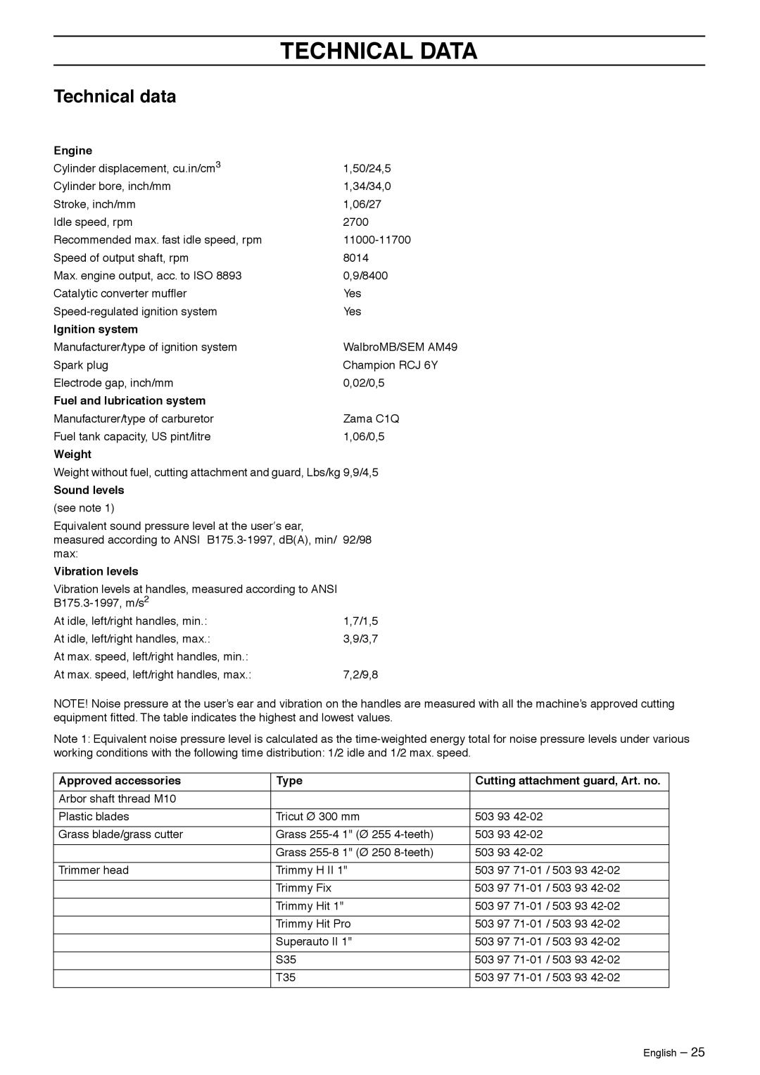 Husqvarna 326RJX manual Technical Data, Technical data 