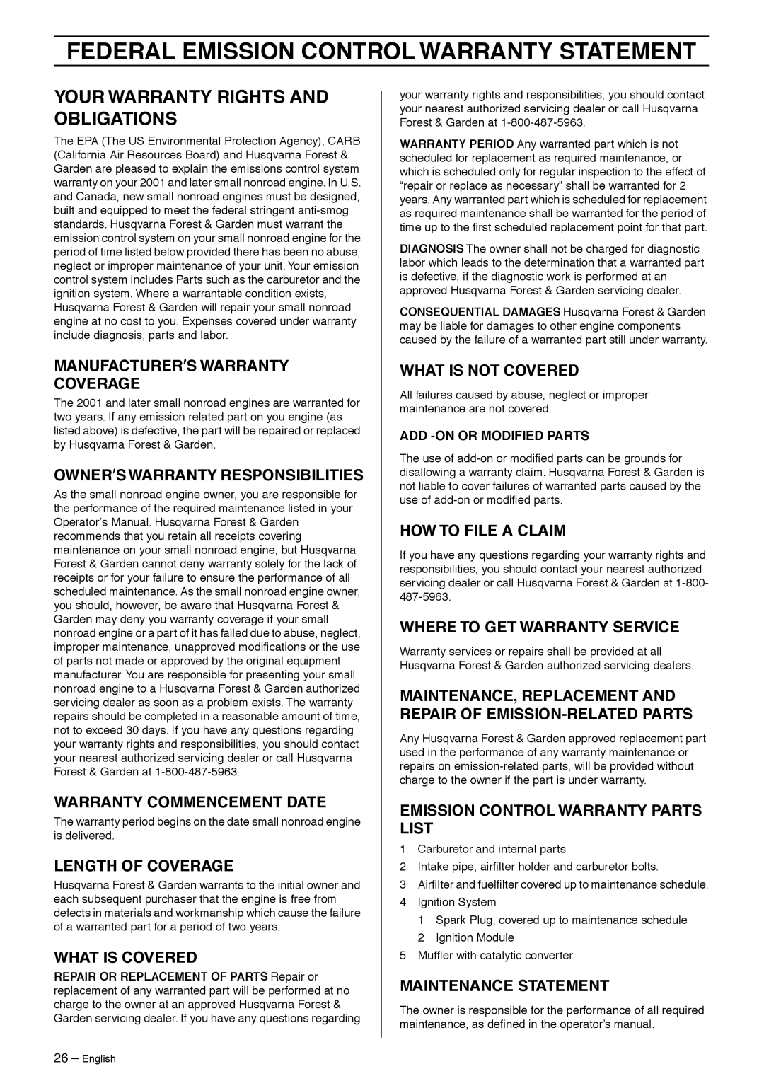 Husqvarna 326RJX manual Federal Emission Control Warranty Statement, Your Warranty Rights and Obligations 