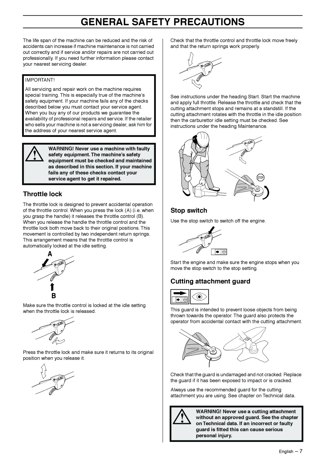 Husqvarna 326RJX manual Throttle lock, Stop switch, Cutting attachment guard 